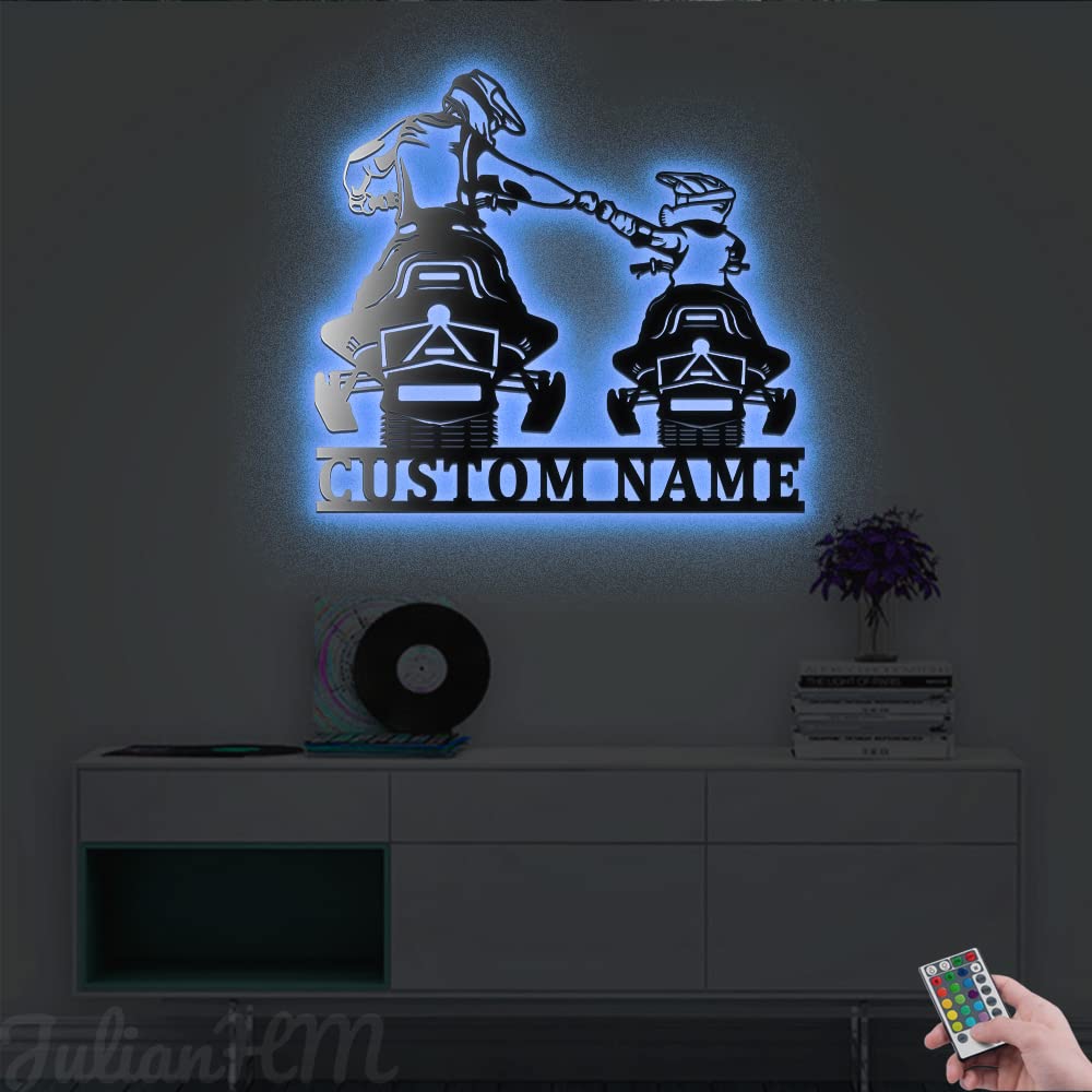 Custom Father and Son Snowmobile Metal Wall Art with LED Lights - Personalized Snowmobile Name Sign for Winter Sports Enthusiasts - Perfect for Man Cave, Garage Decor, and Snowmobile Lover Gifts