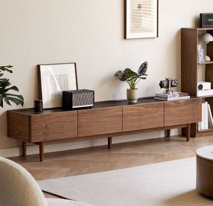 Modern Black Walnut Solid Wood TV Stand with Slate Top - Perfect for Living Room, Home Theater & Entertainment Center Storage