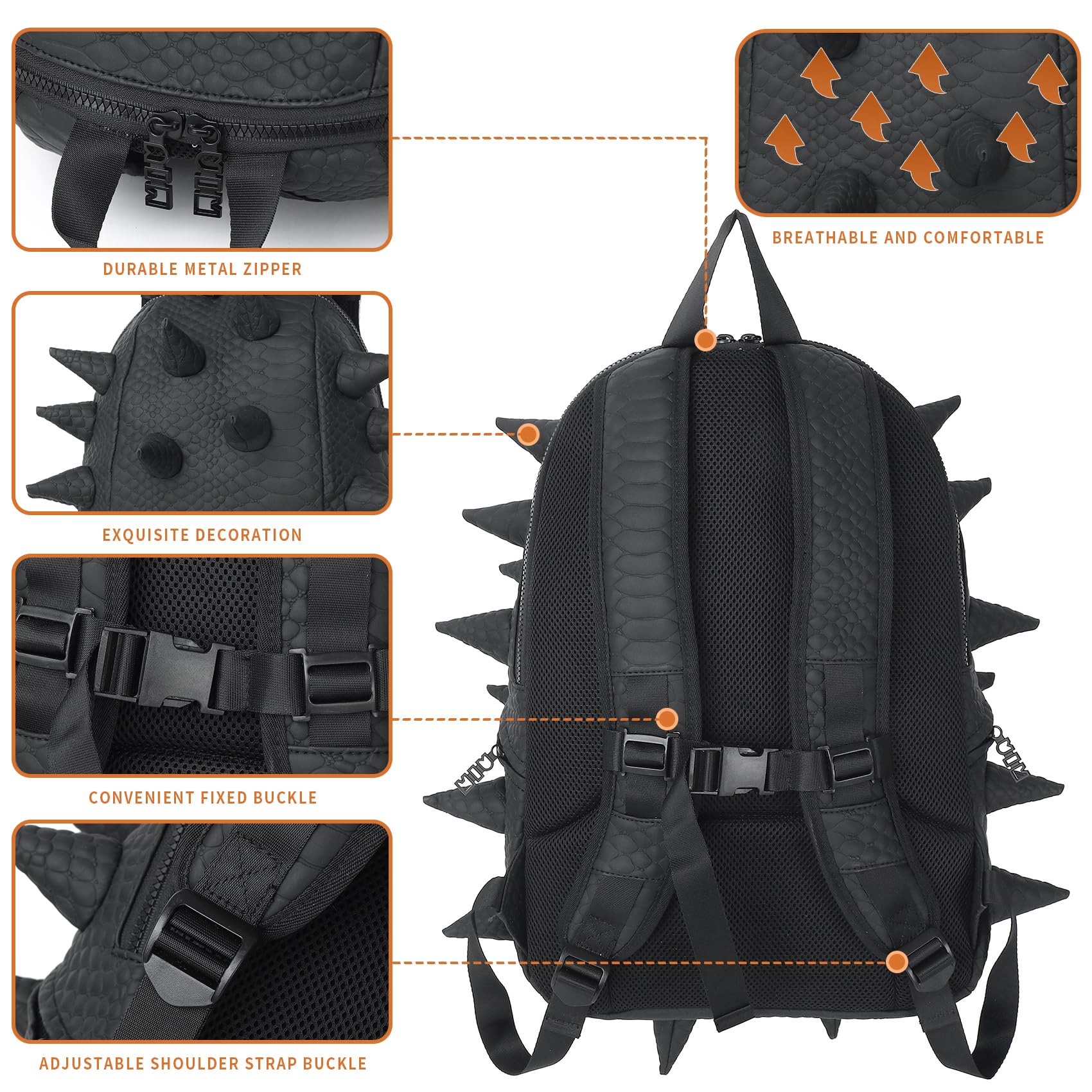 Durable Waterproof 15.6 Inch Dinosaur Backpack for Men & Women - Ankylosaur Punk Laptop Daypack with Spikes, Fashion Commuter Travel & Shopping Backpack (Black) - Perfect for Work, School, College & Outdoor Adventures