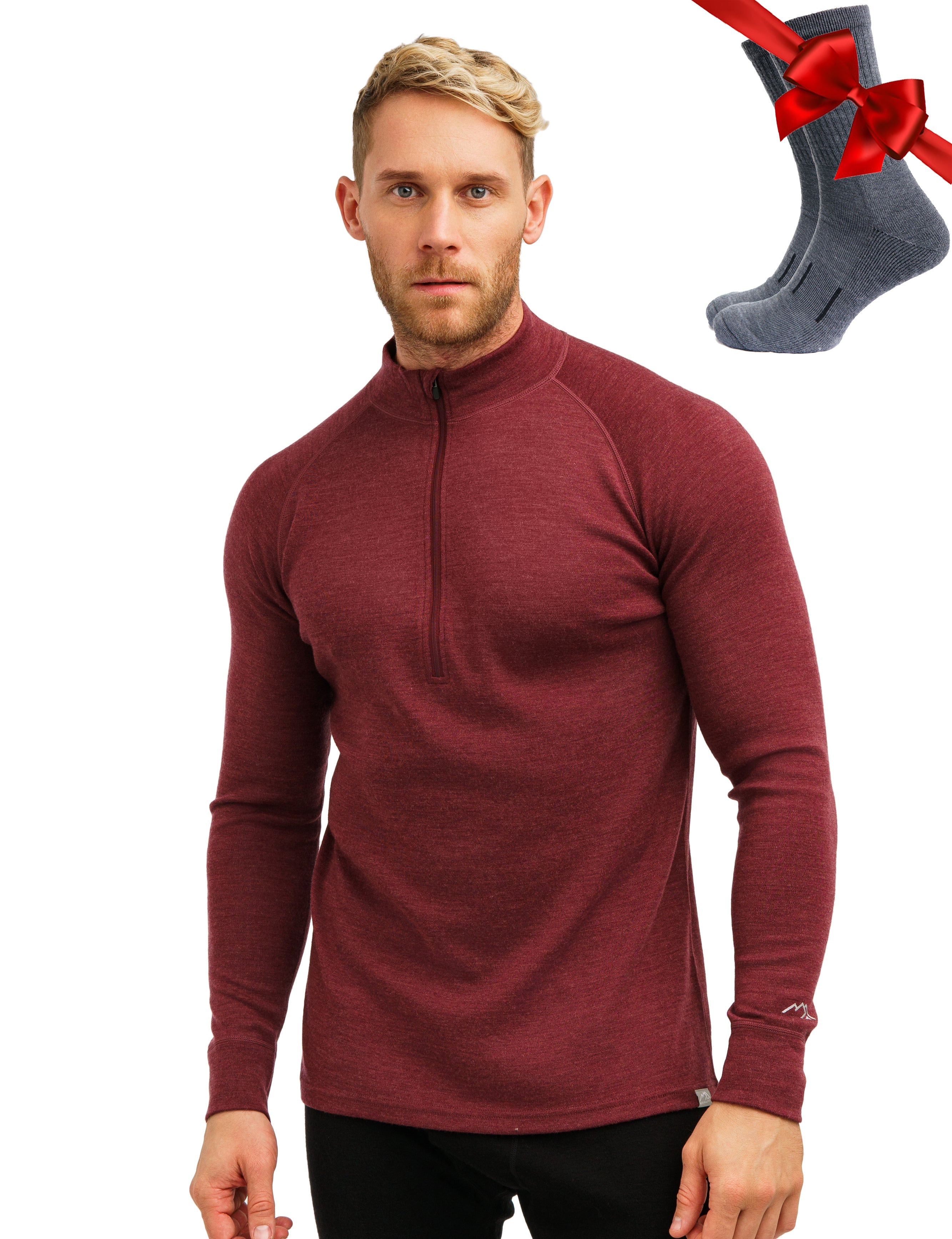 Men's Merino Wool Half Zip Long Sleeve Sweater 320 GSM Burgundy Red - Perfect for Hiking, Camping & Winter Outdoor Activities