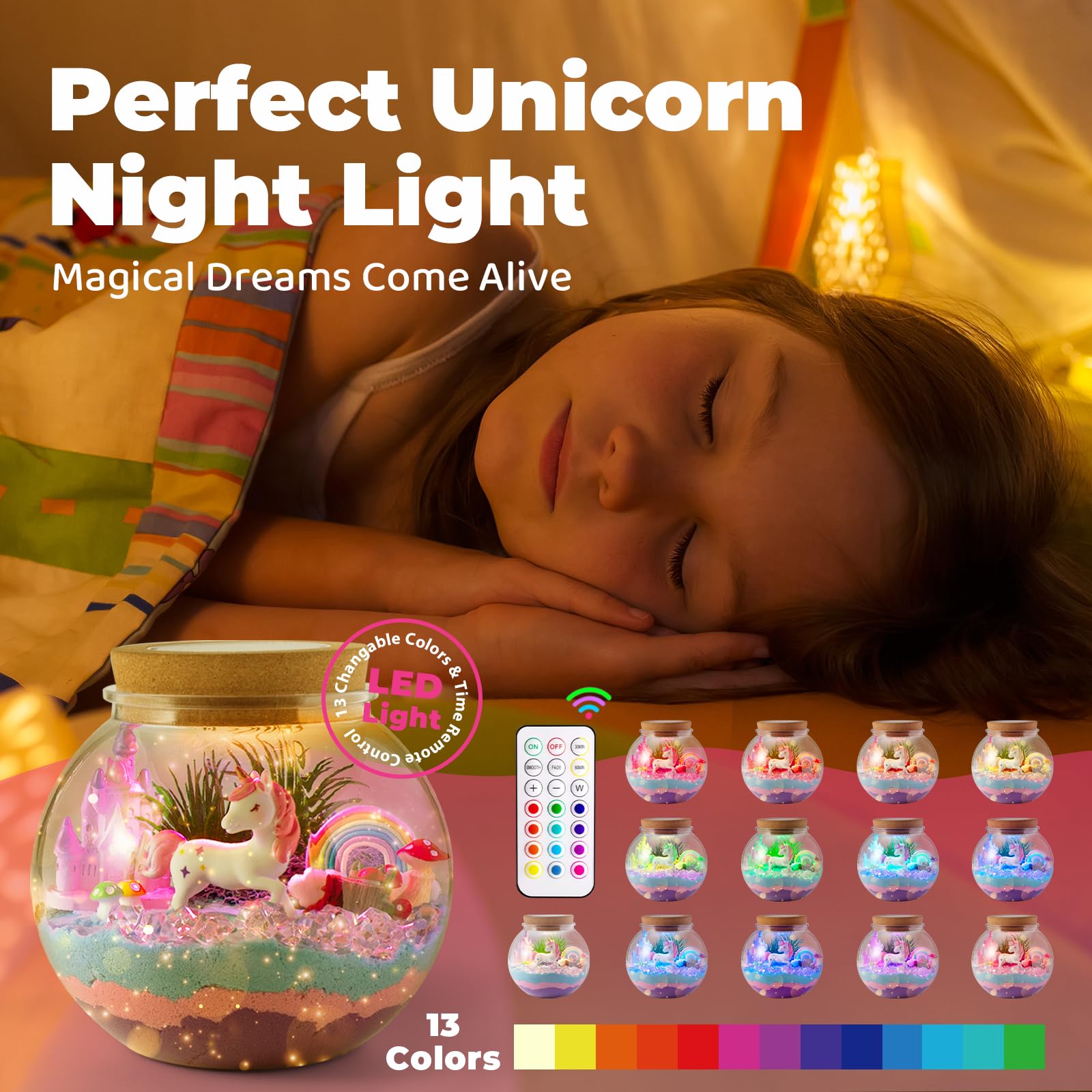 JOYEEMAX Unicorn Terrarium Kit with LED Lights - DIY Arts & Crafts Night Light for Kids Ages 4-12 - Creative Birthday Gift for Girls - Educational STEM Toy for Bedroom Decor & Relaxation