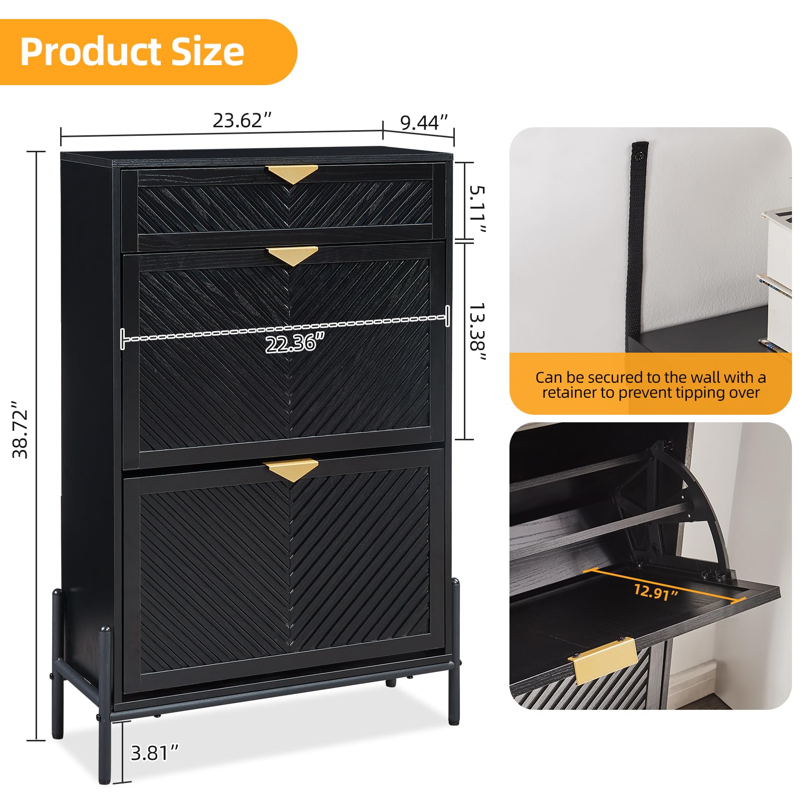 Narrow Shoe Storage Cabinet with 2 Flip-Up Doors - Freestanding Entryway Shoe Organizer for Small Spaces, Hidden Shoe Rack for Front Door Entrance (Black) | Perfect for Apartments, Dorm Rooms & Closet Organization