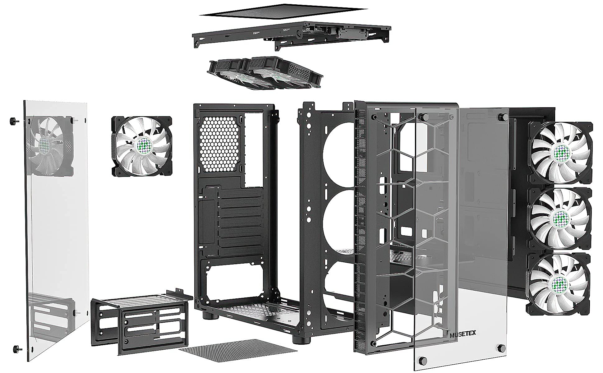 MUSETEX ATX Mid-Tower Gaming PC Case with 6 Pre-Installed ARGB Fans, USB 3.0, Tempered Glass - Excellent Cable Management & Airflow for ATX/Micro ATX/ITX Motherboards (Black, G06N6) - Perfect for Gaming Rigs, Streaming Setups & High-Performance Computers