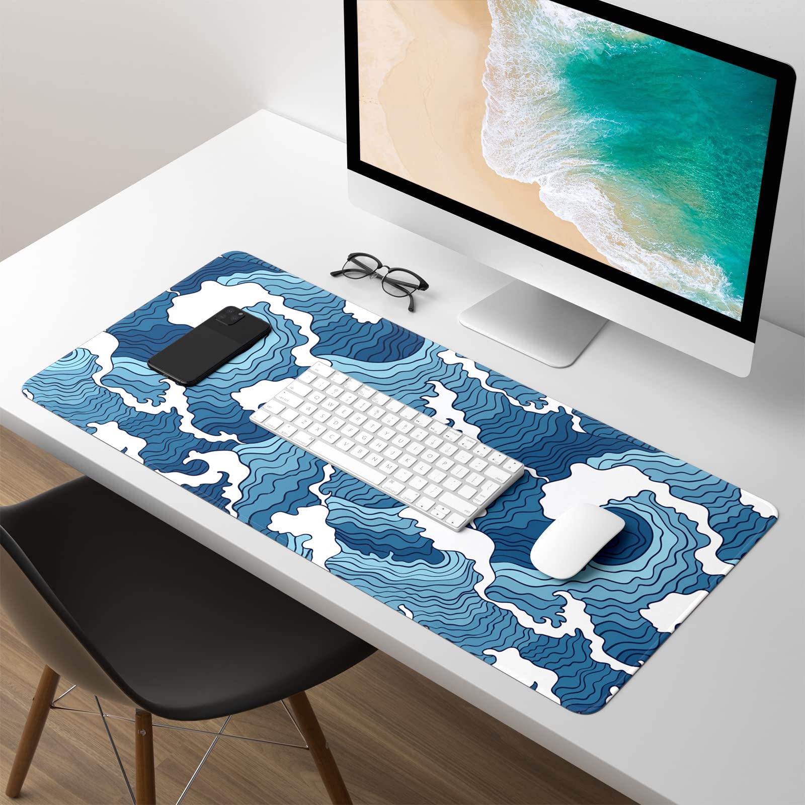 Japanese Wave Design Extended Gaming Mouse Pad - 30x14 Inch XL Large Desk Mat, Non-Slip Base & Stitched Edges, Waterproof Anime Mousepad for PC, Laptop, Office & Gaming Setup - Perfect for Gamers, Streamers & Home Office Workspaces