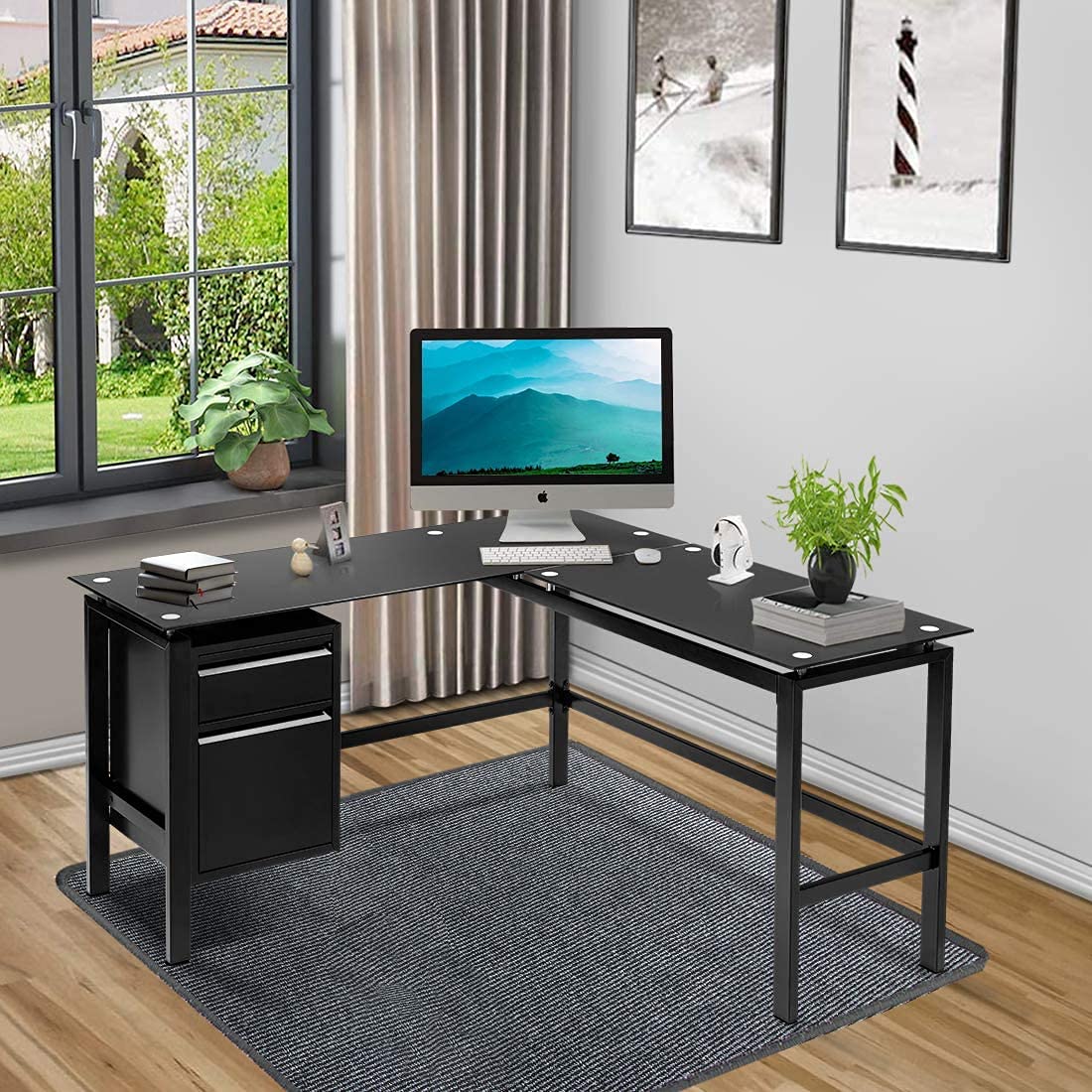 Black L-Shaped Office Desk with Storage Drawers & Glass Top - Modern Workstation for Home Office