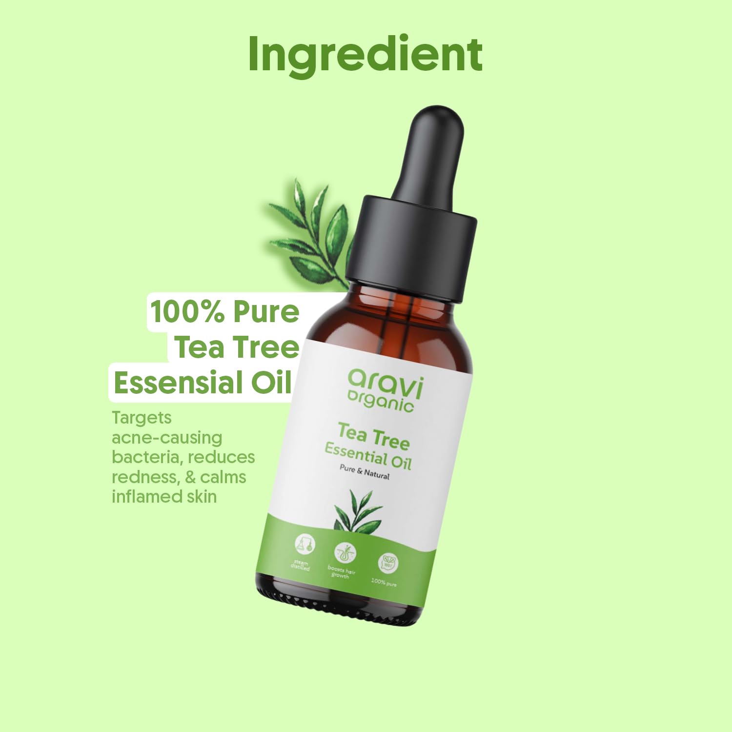 Aravi 100% Pure Organic Tea Tree Essential Oil for Skin, Hair, Face - Natural Acne & Dandruff Treatment - Undiluted 15ml - Perfect for Aromatherapy, DIY Beauty & Home Remedies