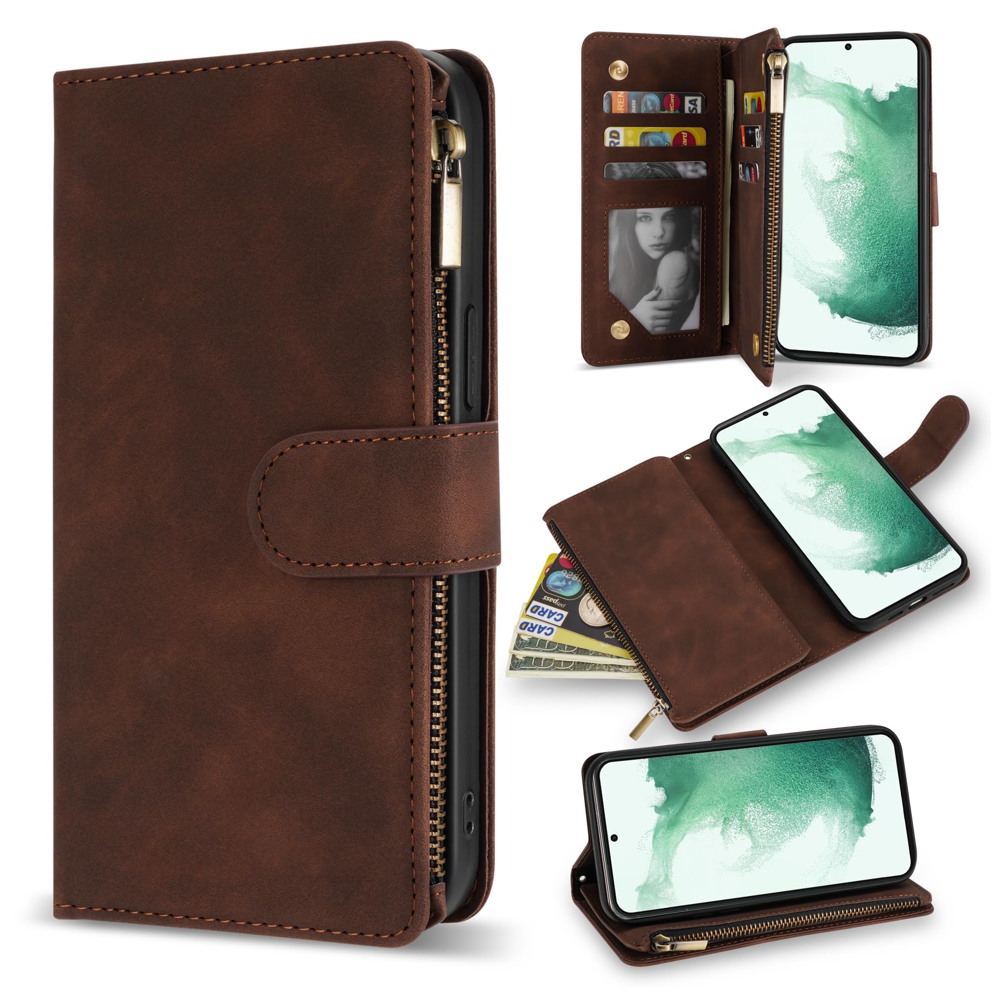 Premium Soft PU Leather Zipper Flip Wallet Case for Samsung Galaxy S22 Plus (6.6 Inch) with Card Slot, Wrist Strap & Kickstand - Coffee | Protective Cover for Daily Use, Travel & Business Meetings