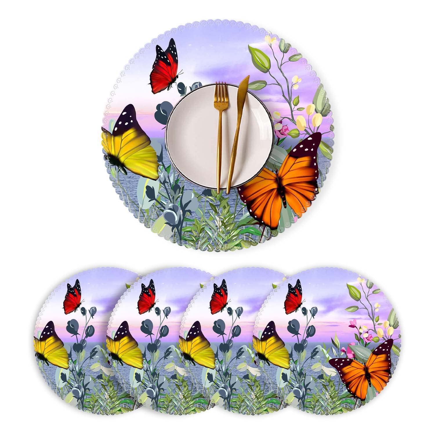 Round Heat-Resistant Placemats Set of 4 - Washable Polyester Kitchen Table Mats for Dining Room Decoration with Butterfly Design | Perfect for Everyday Meals, Dinner Parties, and Holiday Gatherings