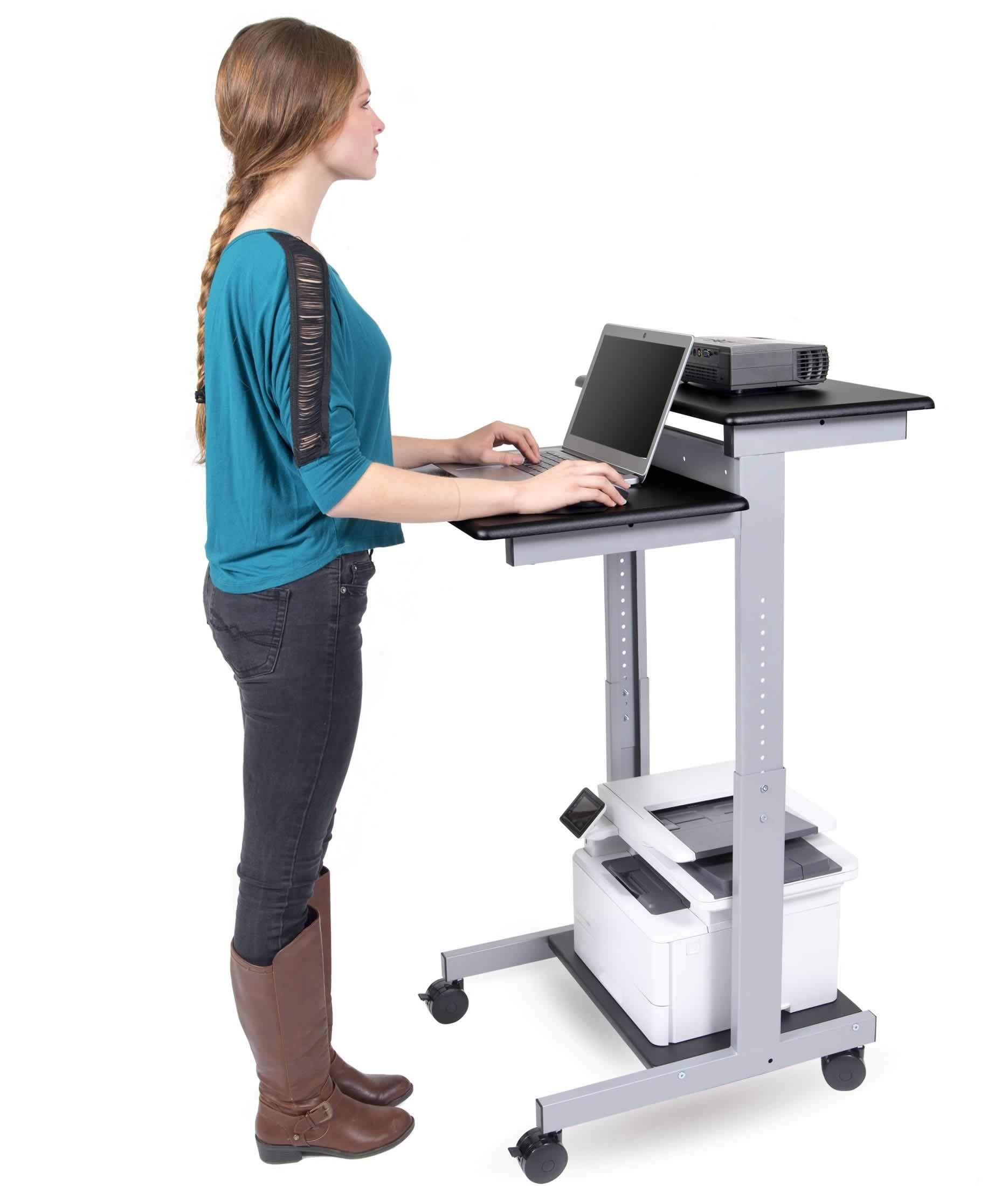 Adjustable Height Standing Desk with Wheels - 2-Tier Rolling Computer Workstation (Silver Frame/Black Top, 24