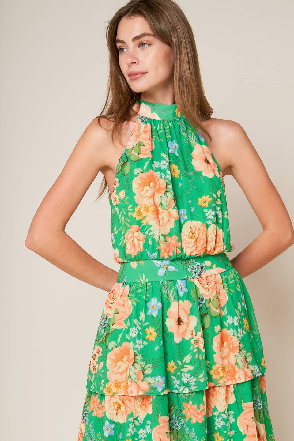Porcelain Bloom Green Floral Halter Maxi Dress - Elegant Summer Beach Wedding Party Outfit for Women