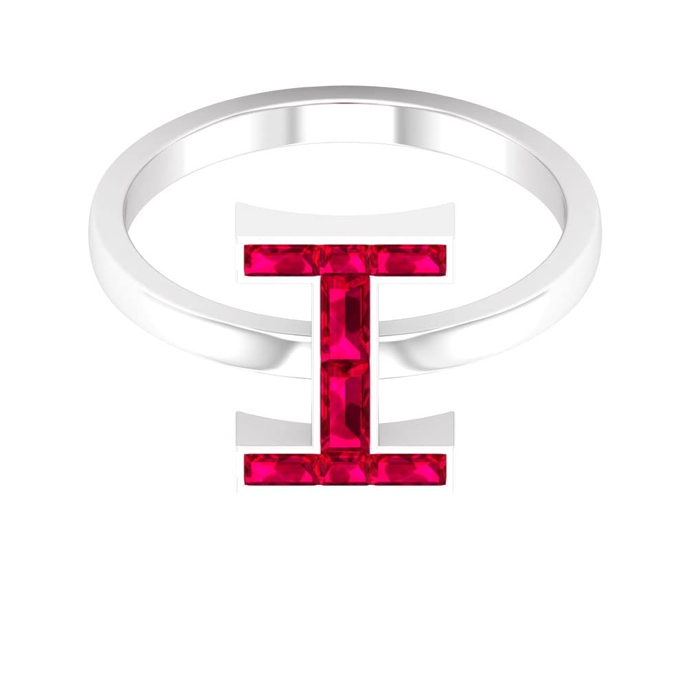 A-Z Alphabet Initial Rings - 14K White Gold Lab Created Ruby Letter Rings with Baguette & Channel Set - Perfect for Personalized Gifts, Birthdays & Anniversaries