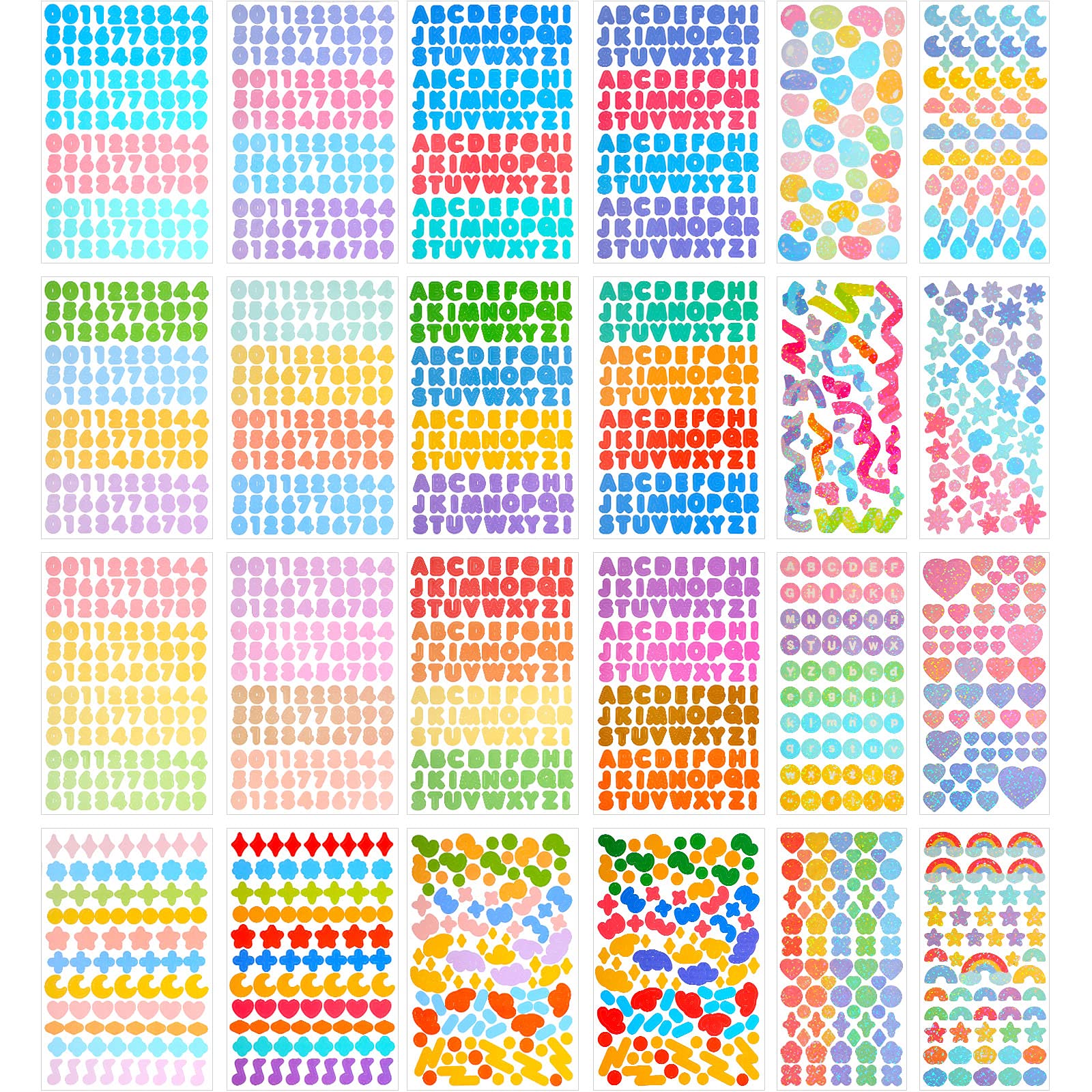 24 Sheets Colorful Alphabet Number Stickers - Self-Adhesive Scrapbooking Stickers with Letters, Stars, Hearts & Ribbons for DIY Crafts, Greeting Cards, Home Decor - Perfect for Scrapbooking, Journaling, and Party Decorations