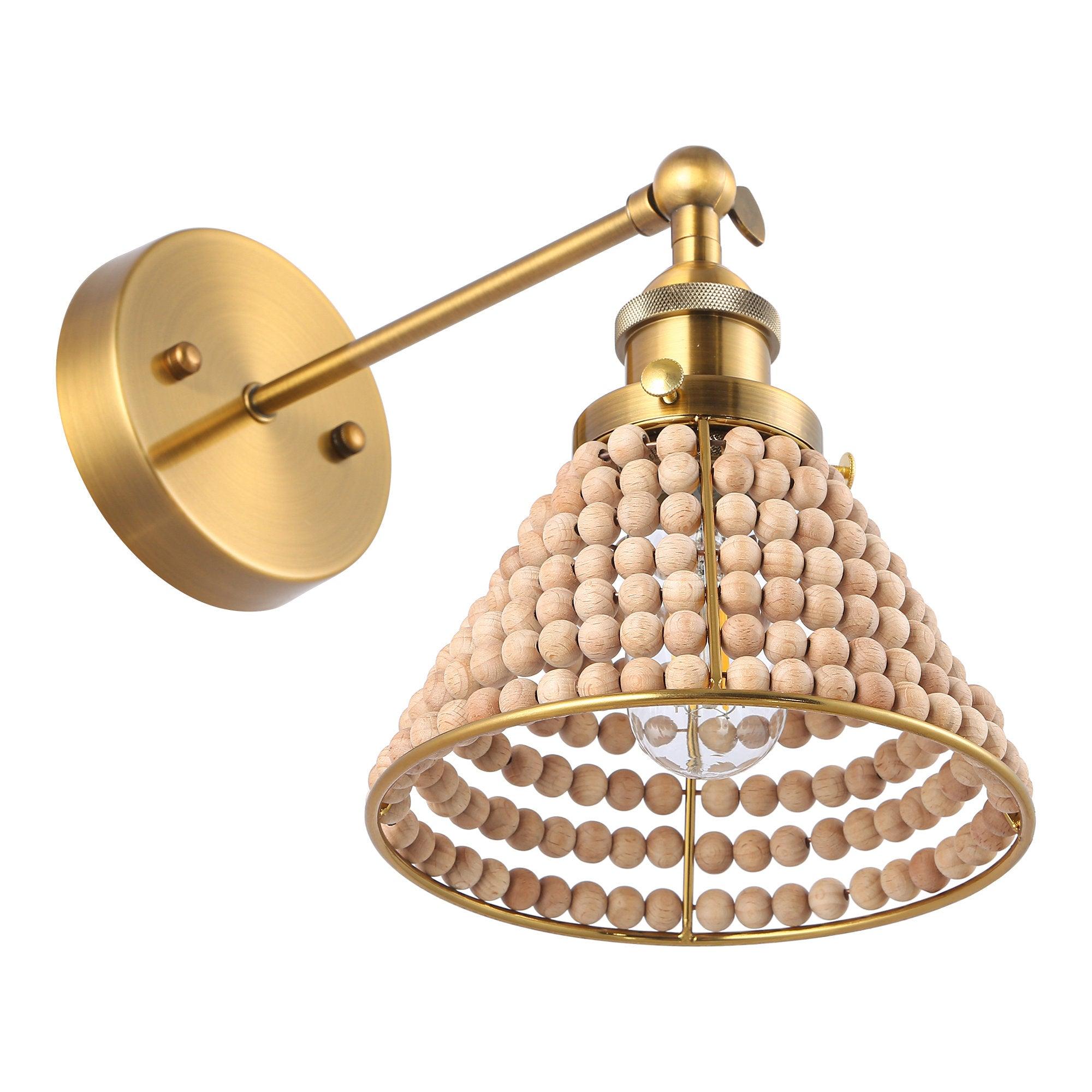 Modern Golden Wall Sconce Light with Wooden Beads - Elegant Single Bulb Fixture for Bedroom, Living Room, or Hallway Decor