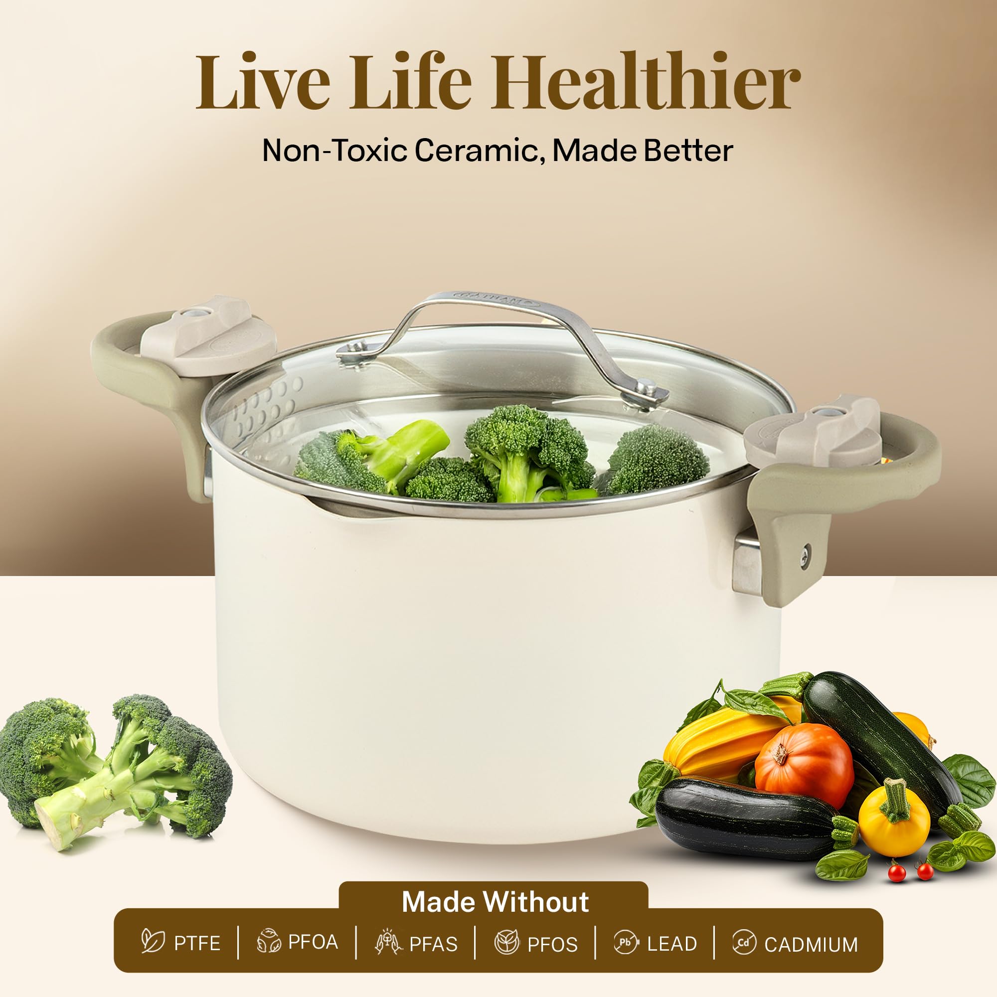GOTHAM STEEL 5 Quart Ceramic Nonstick Stock Pot with Strainer Lid & Locking Handles - Multipurpose Pasta, Soup, Rice Cooker - Dishwasher Safe Kitchen Cookware (Cream) - Perfect for Family Dinners, Meal Prep & Entertaining
