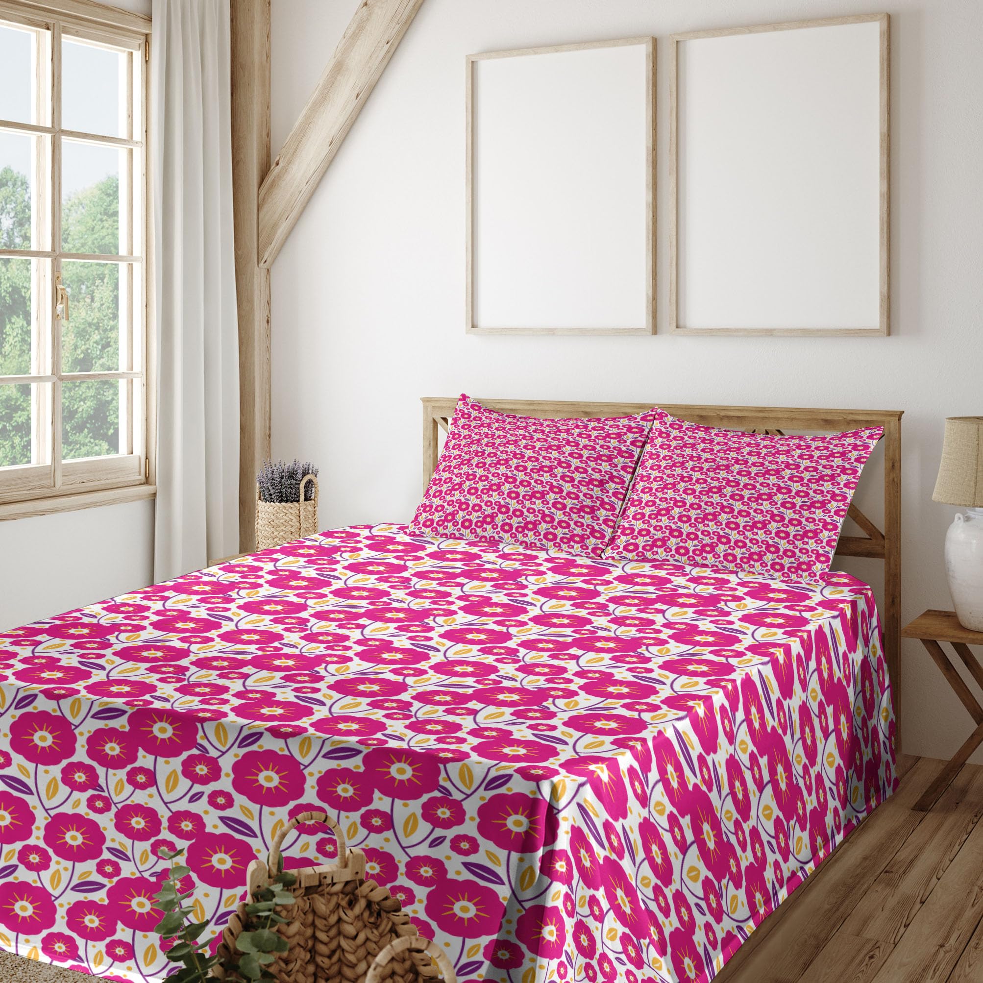 Ambesonne Floral King Sheet Set - 4 Piece Blooming Flowers & Leaves with Polka Dots Design, Hot Pink & Pale Orange Bedding - Perfect for Master Bedroom, Guest Room & Dorm Decor