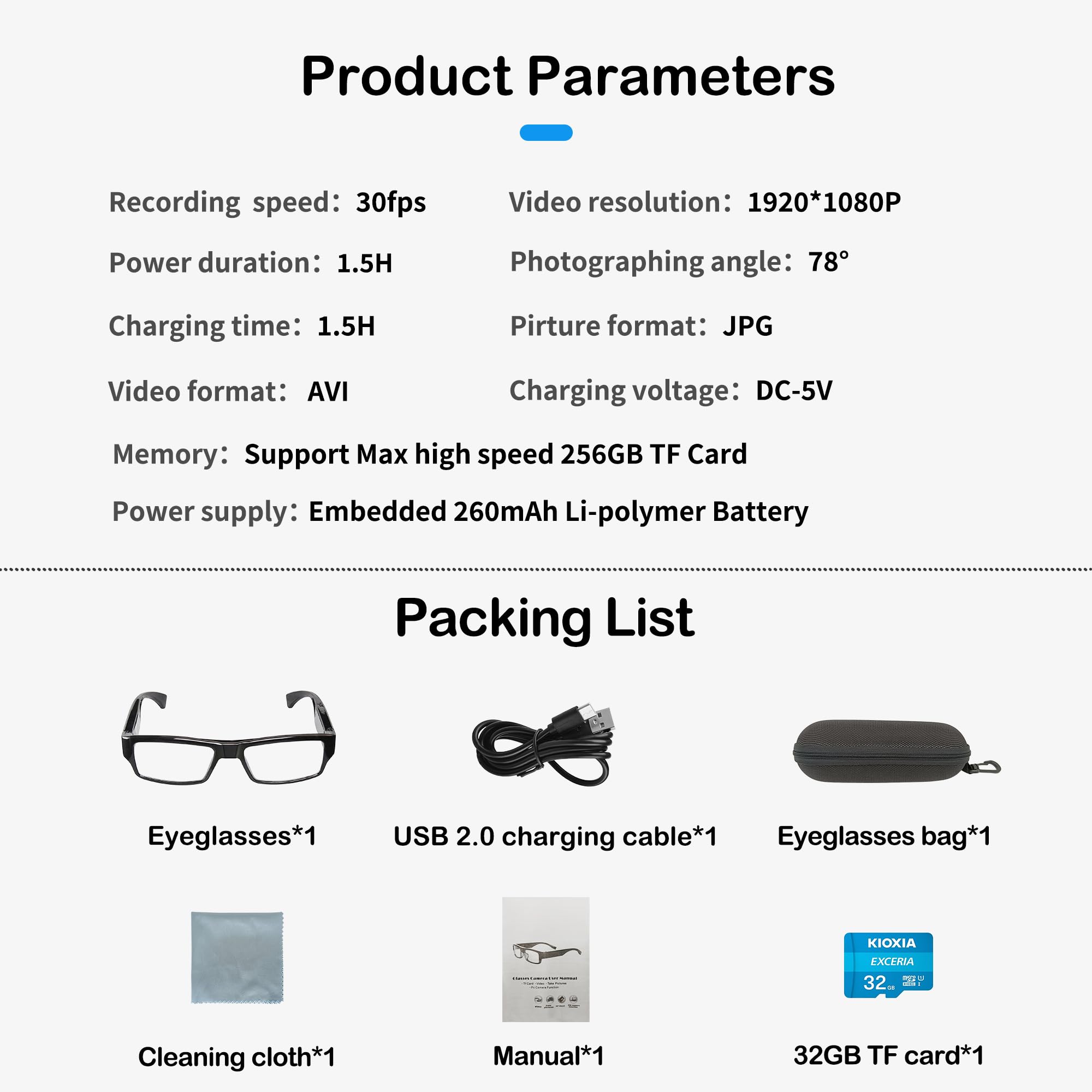 Hereta Spy Camera Glasses - 1080P HD Video Recording with 256GB TF Card Support, Includes 32GB Card - Perfect for Covert Surveillance, Travel Vlogging & Security Monitoring
