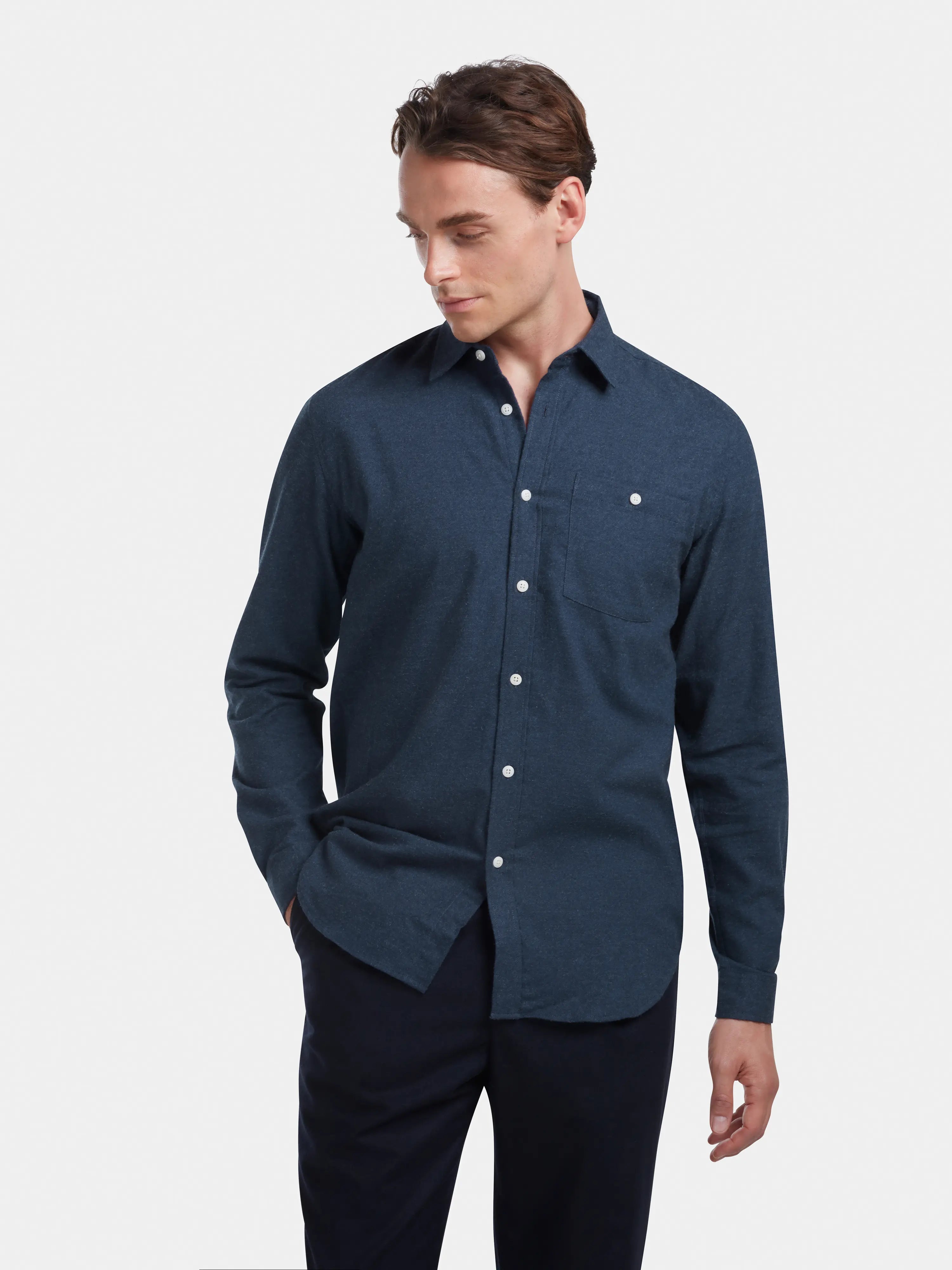 Premium Navy Blue Cotton Cashmere Blend Men's Shirt - Soft Comfortable Business Casual Wear for Office & Travel