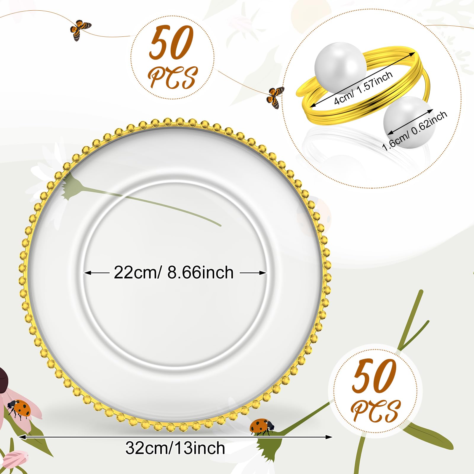 50-Pack Clear & Gold Beaded Plastic Charger Plates 13 Inch with Napkin Rings - Acrylic Round Dinner Plates for Wedding, Party & Special Events - Elegant Table Decor for Formal Dining & Celebrations