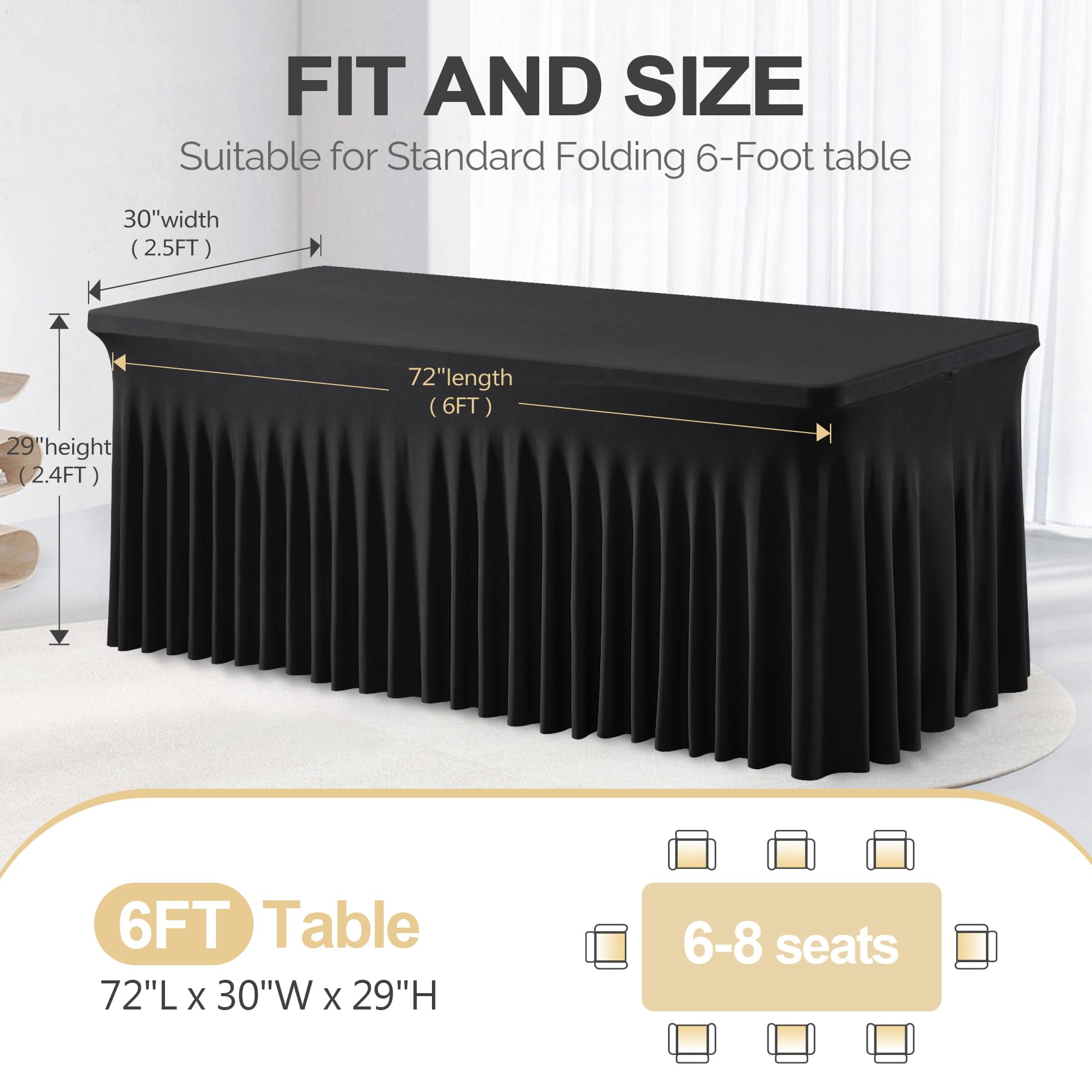 PARTISKY Black Spandex Table Skirt - 6ft Stretchable Folding Table Cover for Rectangle Tables | Perfect for Banquets, Weddings, Birthday Parties & Events | Durable & Elegant Tablecloth for Home & Commercial Use