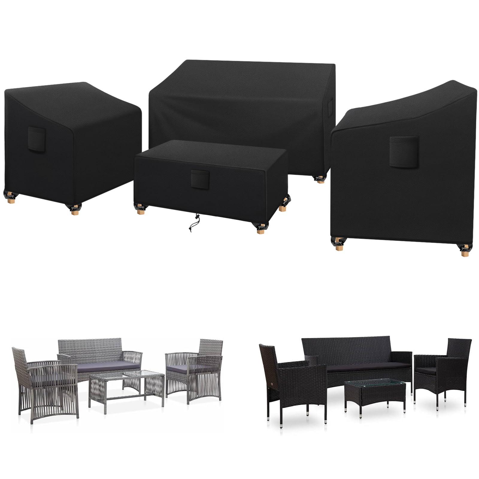 SIRUITON 4-Piece Waterproof Patio Furniture Covers Set - Heavy Duty Durable Outdoor Furniture Covers for Chairs, Couch & Coffee Table - All-Weather Protection for Backyard, Deck, Garden (Black)