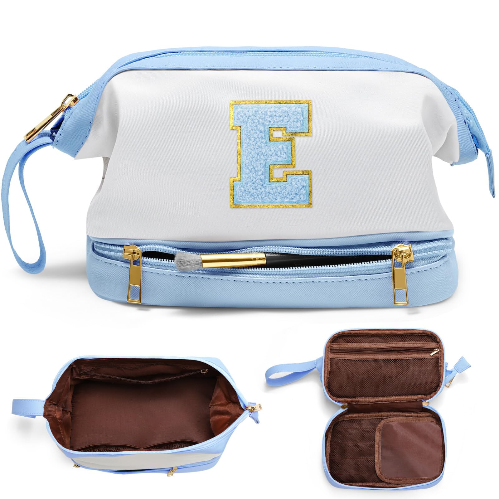 YOOLIFE Large Leather Initial Makeup Bag - Travel Cosmetic Organizer & Toiletry Pouch for Women & Teen Girls - Perfect Gift for Sister, Daughter & Teacher - Birthday Present (Blue E) - Ideal for Travel, Daily Use & Special Occasions