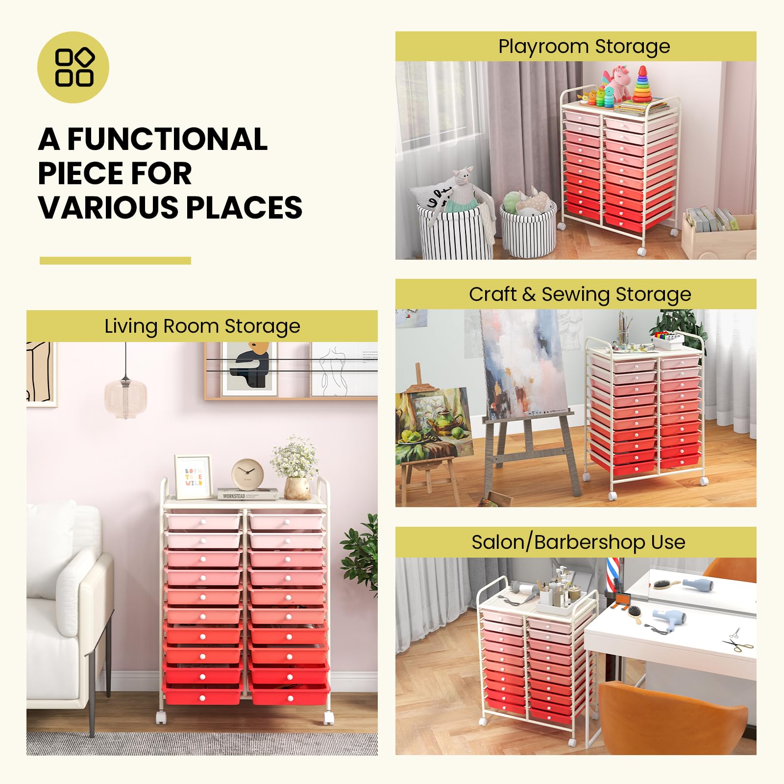 20-Drawer Rolling Storage Cart with Lockable Wheels - Multicolor 20-Tier Organizer for Files, Office Supplies & Debris - Perfect for Office, School & Home Organization - Gradient Pink Design