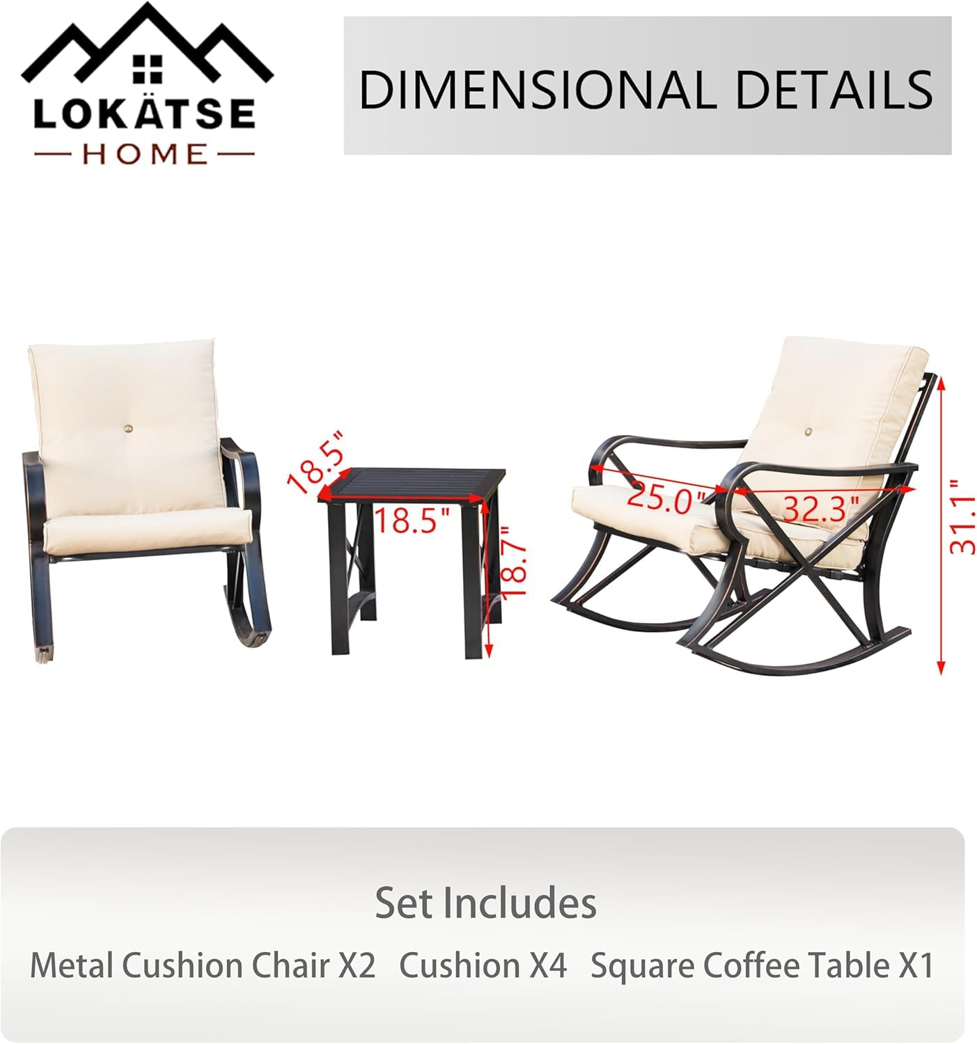 LOKATSE HOME 3-Piece Patio Furniture Set - Outdoor Rocking Chairs with Thick Cushions & Square Coffee Table, Durable Metal Steel Frame, Khaki - Perfect for Garden, Backyard, Porch and Balcony Relaxation