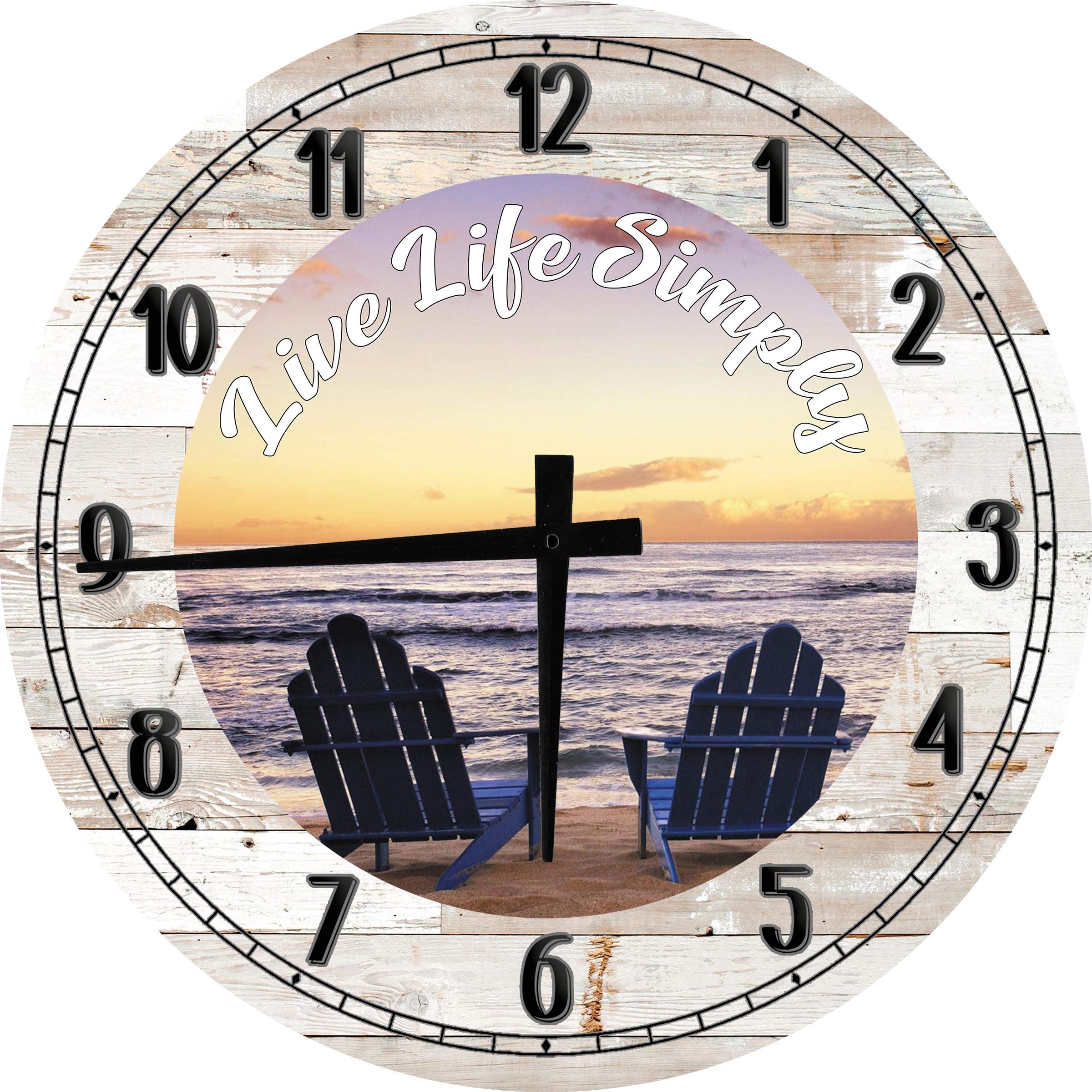 Live Life Simply Beach Chairs Relax Large Round Wood Wall Clock - 18 Inch White Coastal Decor for Living Room, Bedroom & Beach House