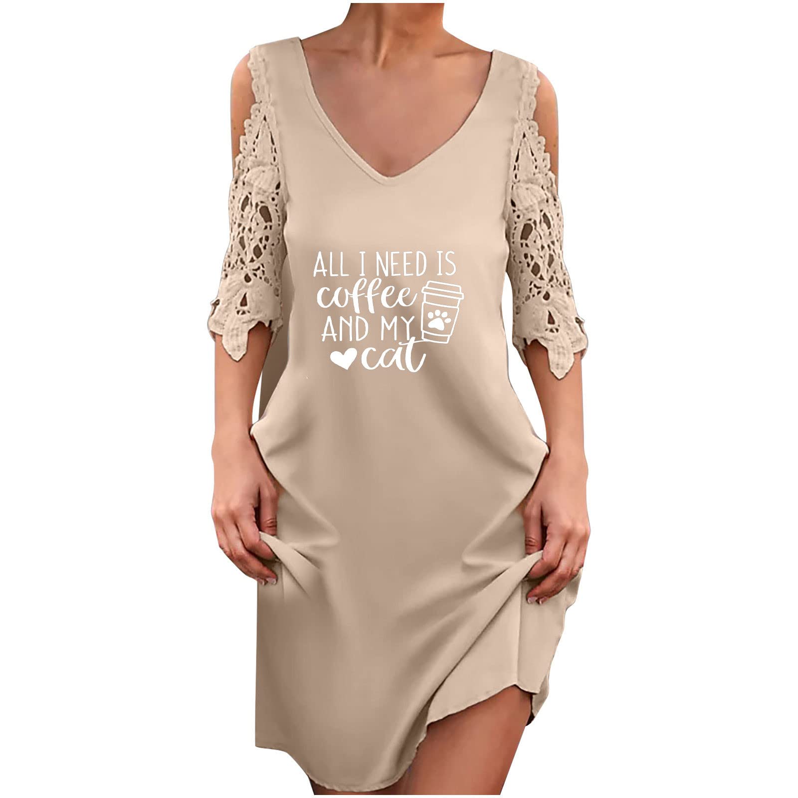 Sexy Lace Trim Bandage Dress for Women - Short Sleeve Midi Shift Dress with Coffee & Cat Print | Perfect for Night Out, Date Night & Cocktail Parties