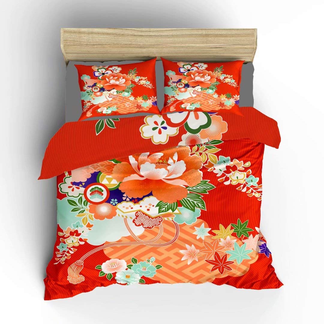 Vintage Japanese Kimono Floral Double-Sided Duvet Cover Set - King Size 3pc (1 Duvet + 2 Pillowcases) | Soft Microfiber Polyester Bedding | Luxury Asian-Inspired Home Decor for Master Bedroom & Guest Room