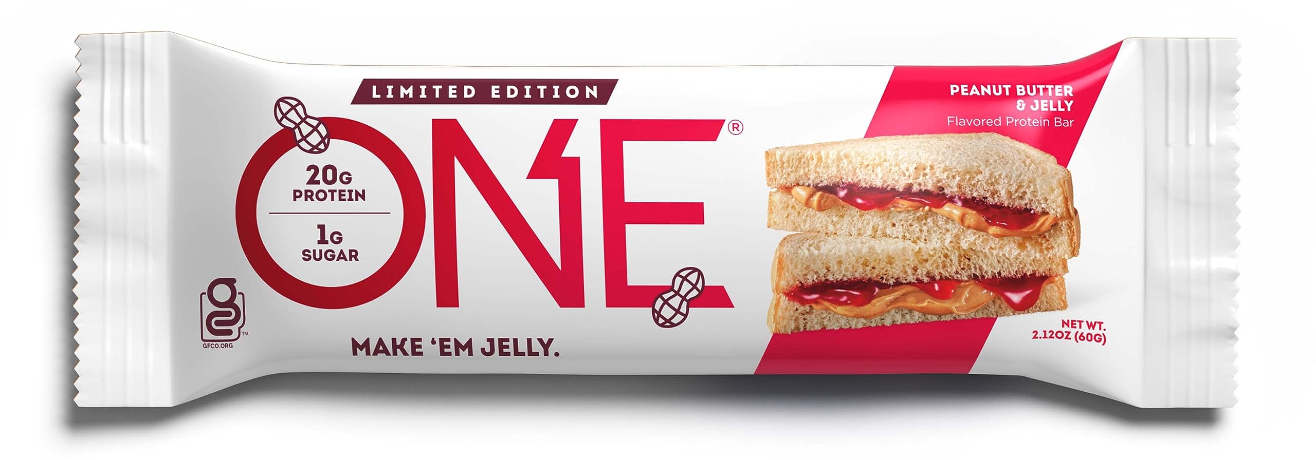 ONE Protein Bars, Peanut Butter & Jelly Flavor - Gluten Free, 20g Protein, 1g Sugar, Keto Friendly Snack - 2.12oz (12 Count) - Perfect for Post-Workout Recovery, Healthy On-the-Go Breakfast or Office Snacks