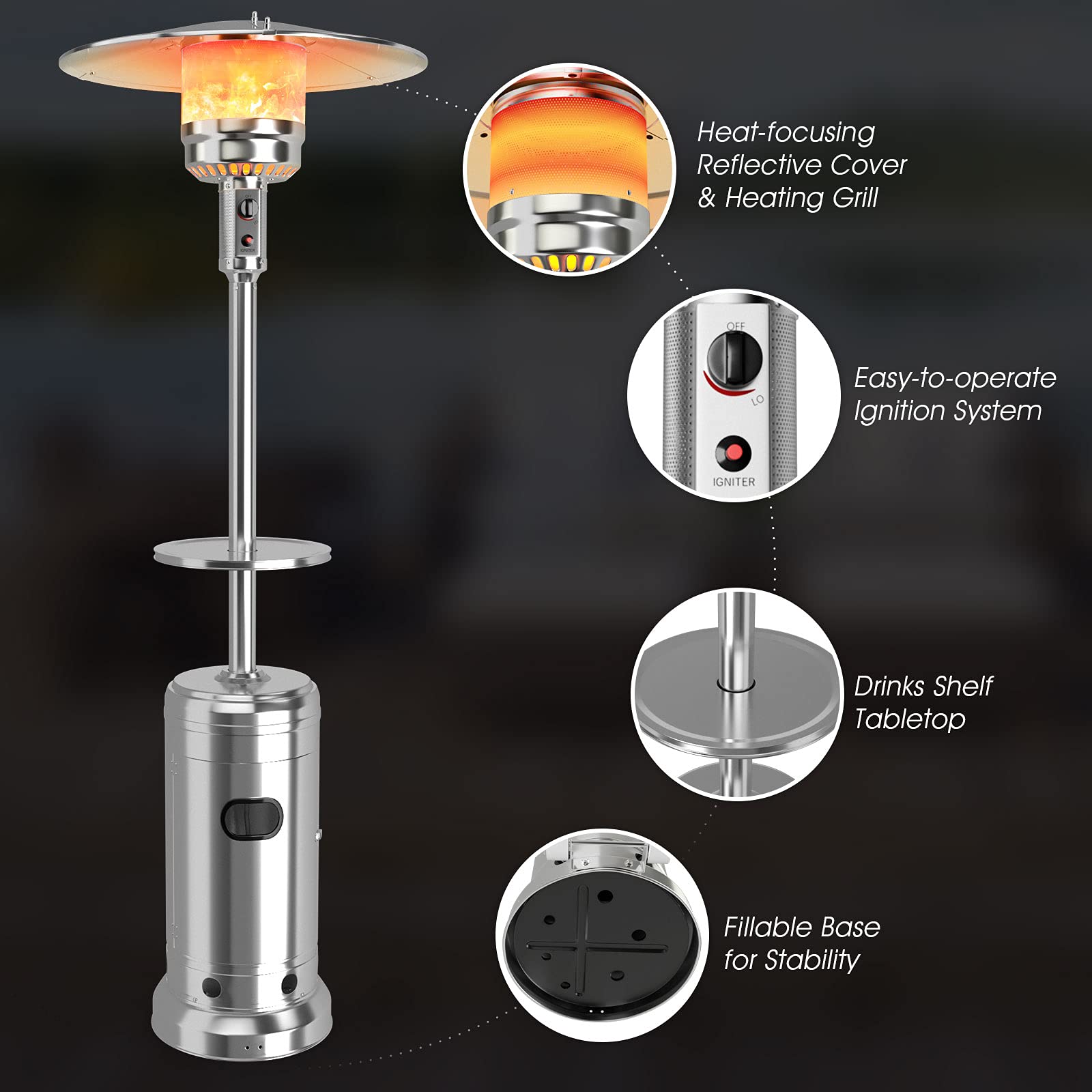COSTWAY 50,000 BTU Outdoor Propane Patio Heater with Drink Shelf, Wheels & Easy Ignition - Commercial & Residential Standing Space Heater for Backyard, Deck, Restaurant (Silver)