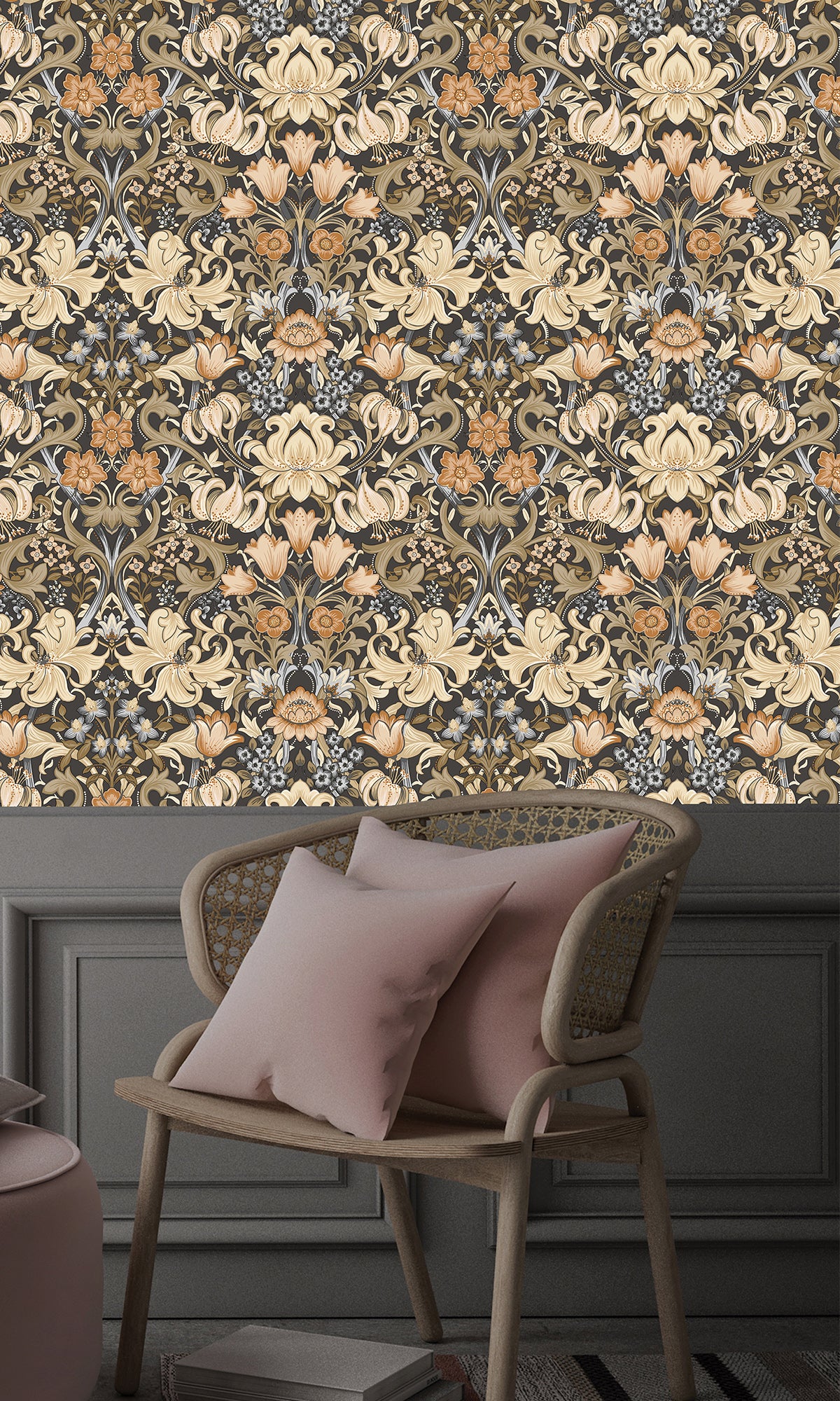 Charcoal and Orange Elegant Floral Damask Wallpaper R9635 - Premium Peel and Stick Wallpaper for Living Room, Bedroom, Dining Room Decor