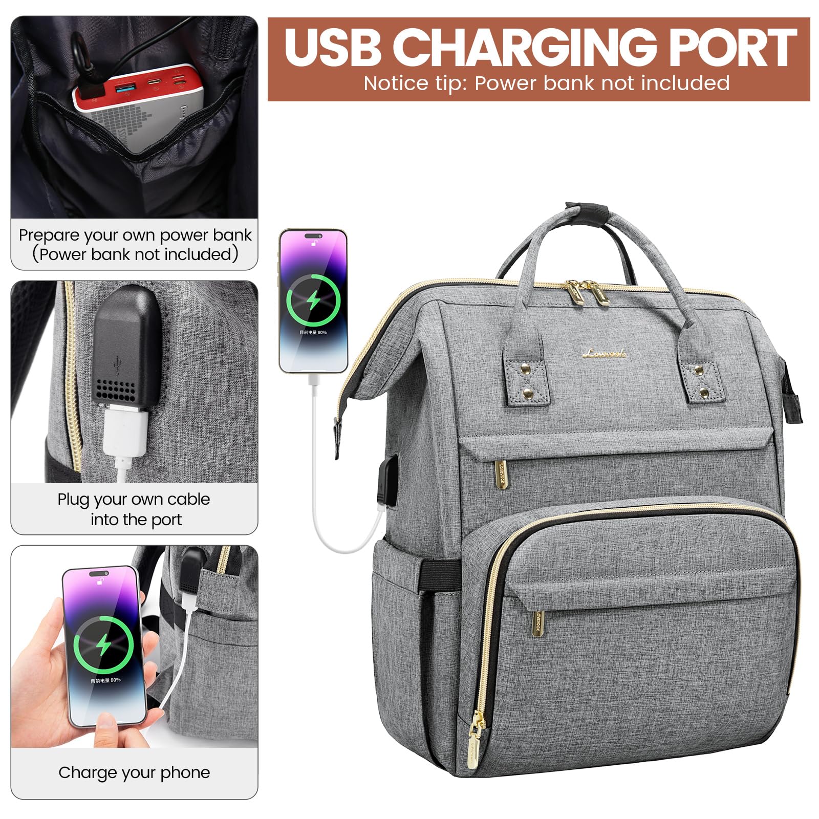 LOVEVOOK Women's 15.6 Inch Waterproof Laptop Backpack with USB Port - Professional Travel, Nurse, Teacher, College Work Bag - Grey | Perfect for Commuting, Business Trips, and Campus Life