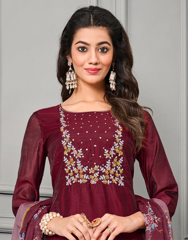 Elegant Maroon Cotton Silk Designer Party Wear Salwar Suit - Ready to Wear Indian Ethnic Outfit for Weddings, Festivals & Special Occasions