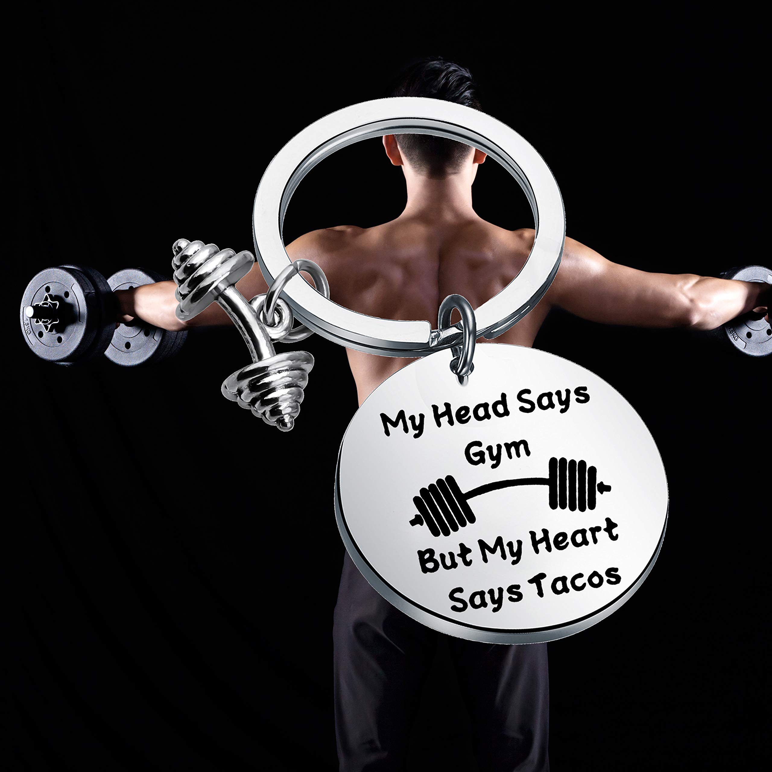 BEKECH Gym Keychain - My Head Says Gym But My Heart Says Tacos - Motivational Fitness Jewelry for Workouts, Gifts & Gym Lovers