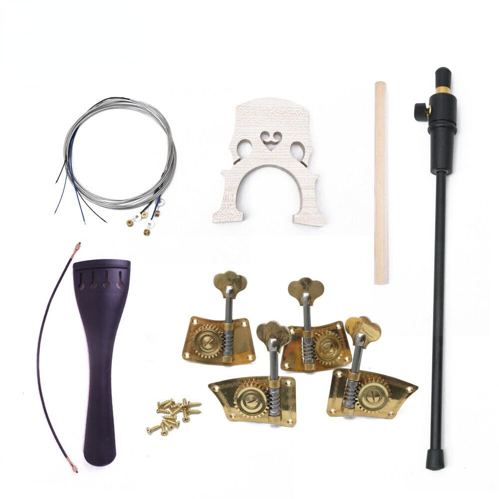 3/4 Upright Bass Parts & Accessories Set - Brass Pegs, Tailpiece, Maple Bridge, Carbon Fiber Endpin & Strings | Replacement & Repair Tools Kit (Peg-Style2) for Professional Musicians & Orchestra Performances