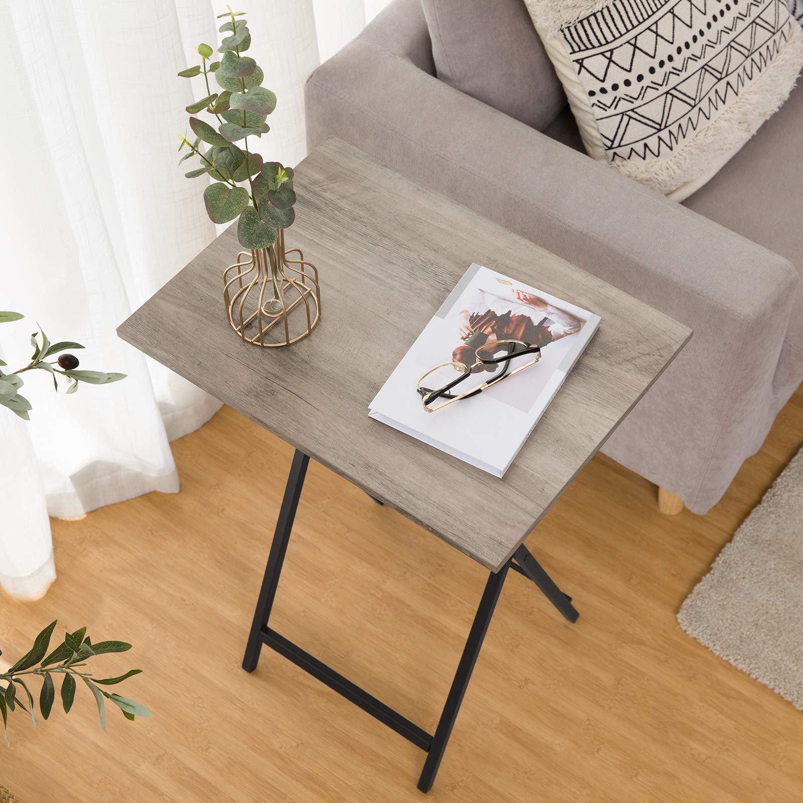 HOOBRO Folding TV Tray Tables Set of 2 - Industrial Side Tables for Small Spaces, Snack Tables for Eating on Couch - Stable Metal Frame, Easy Assembly & Space Saving - Greige & Black BG25BZ01 | Perfect for Living Room, Bedroom & Dorm Use