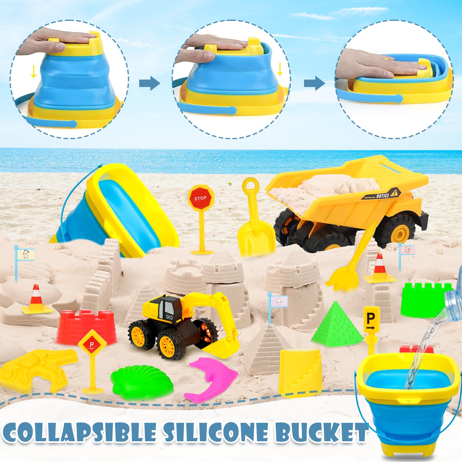 45 Pcs Beach Sand Toys Set with Sand Castle Kit, Dinosaur & Animal Molds, Mini Traffic Signs, Flag Trucks & Mesh Bag - Fun Outdoor Travel Toys for Kids & Toddlers - Perfect for Beach, Sandbox & Backyard Play