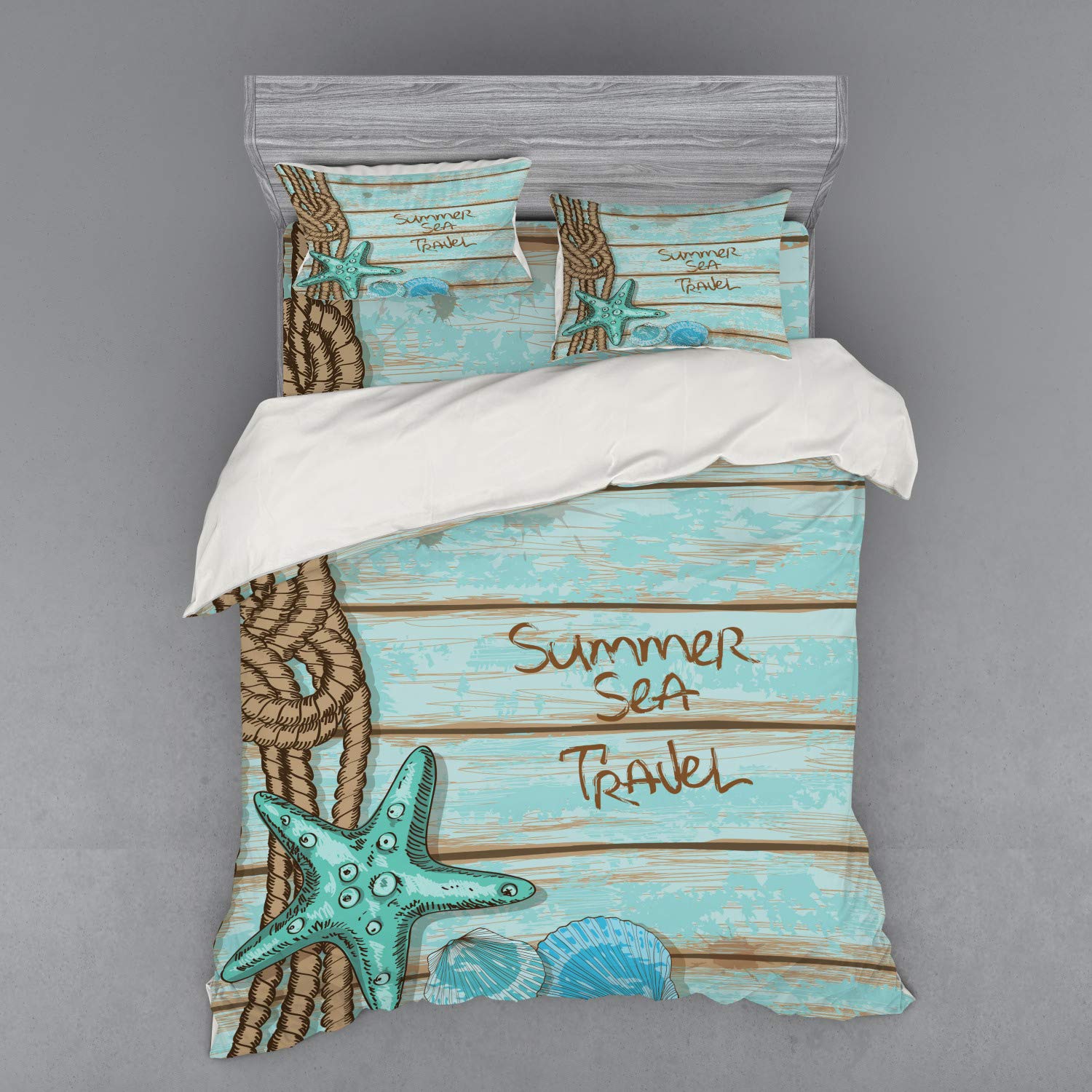 Ambesonne Starfish Duvet Cover Set - 3 Piece Queen Size Bedding with Sham & Fitted Sheet, Mint Green Turquoise Ocean Theme for Summer Beach House Decor | Perfect for Coastal Bedroom, Guest Room or Vacation Rental