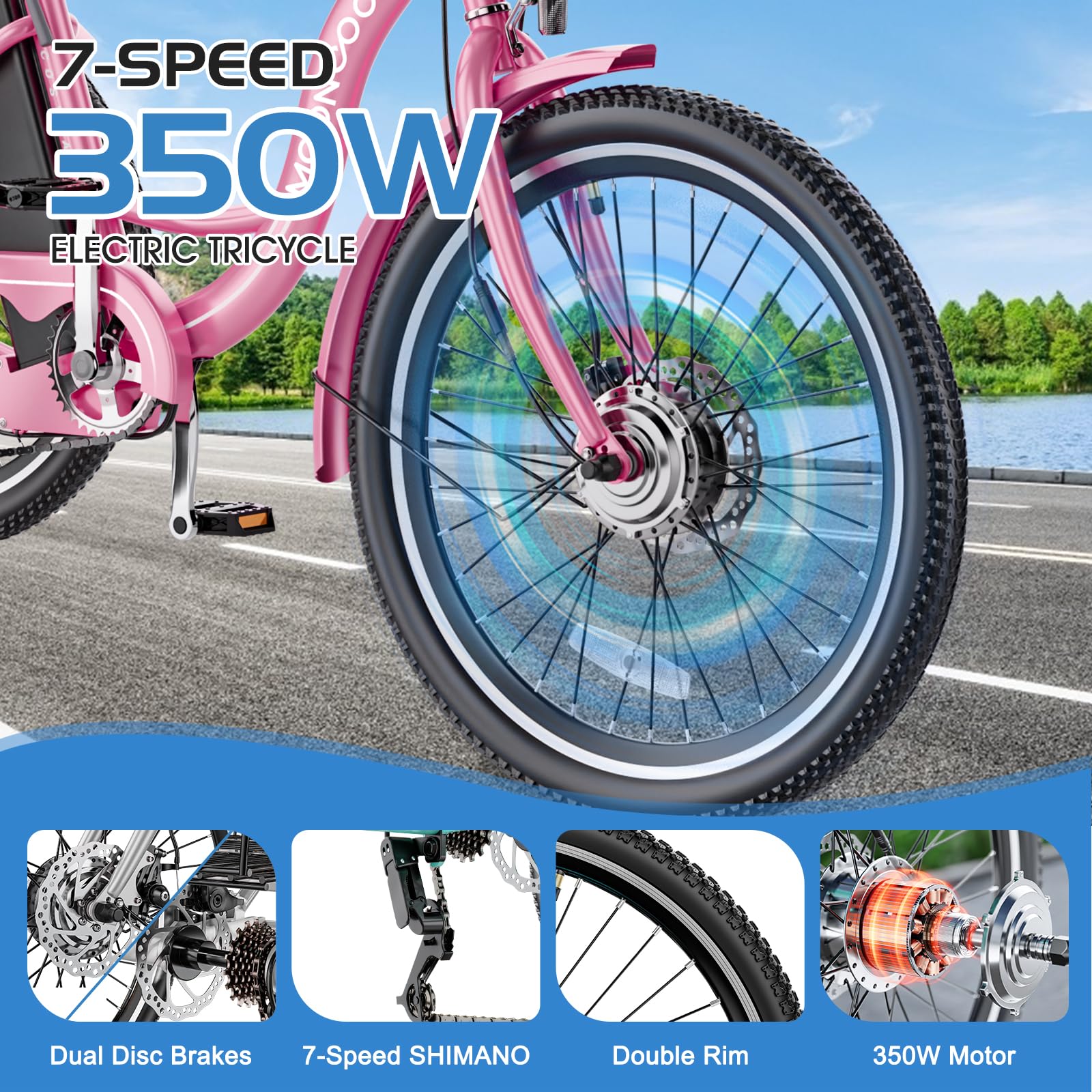 MOONCOOL 350W 36V Electric Tricycle for Adults - 7 Speed Motorized Three Wheel Bicycle with Large Basket | Commuter, Grocery Shopping & Leisure Riding Electric Trike