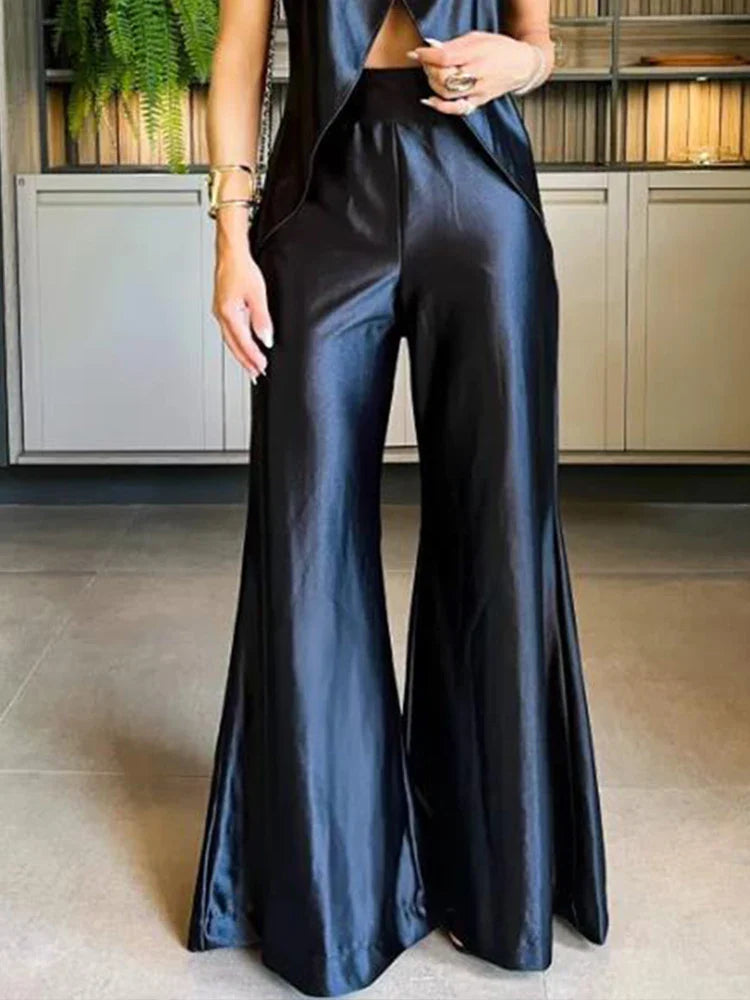 Drauuing Women's 2-Piece Outfit Set - Sleeveless Split Hem Tank Top & Wide Leg Pants | Silk Matching Lounge Set | Comfortable Summer Casual Wear for Women | Perfect for Home, Vacation & Beach