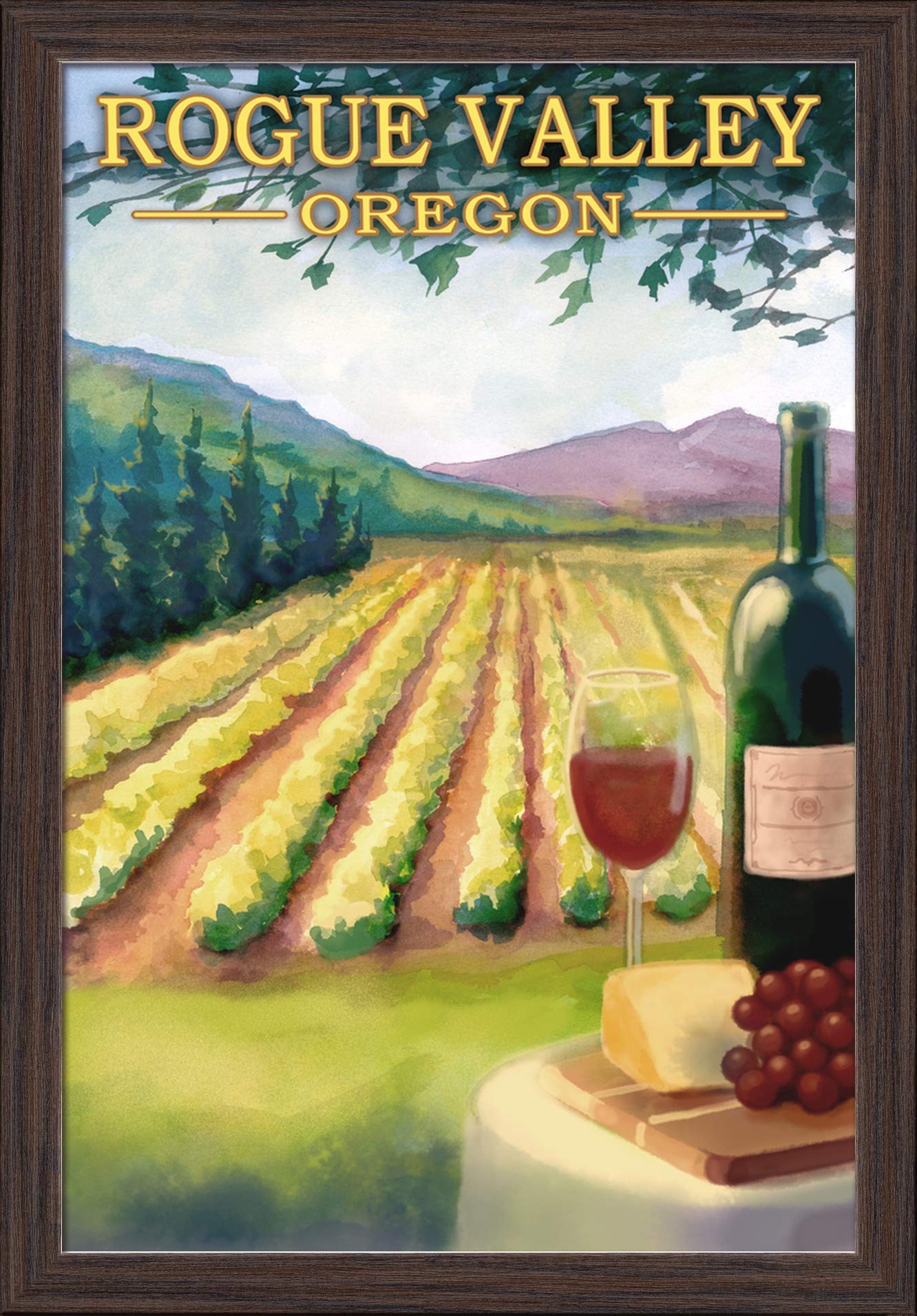 Rogue Valley Oregon Wine Country Giclee Fine Art Print - 16x24 Inches, Recycled Wood Frame in Espresso Brown - Perfect for Home, Office & Wine Cellar Decor