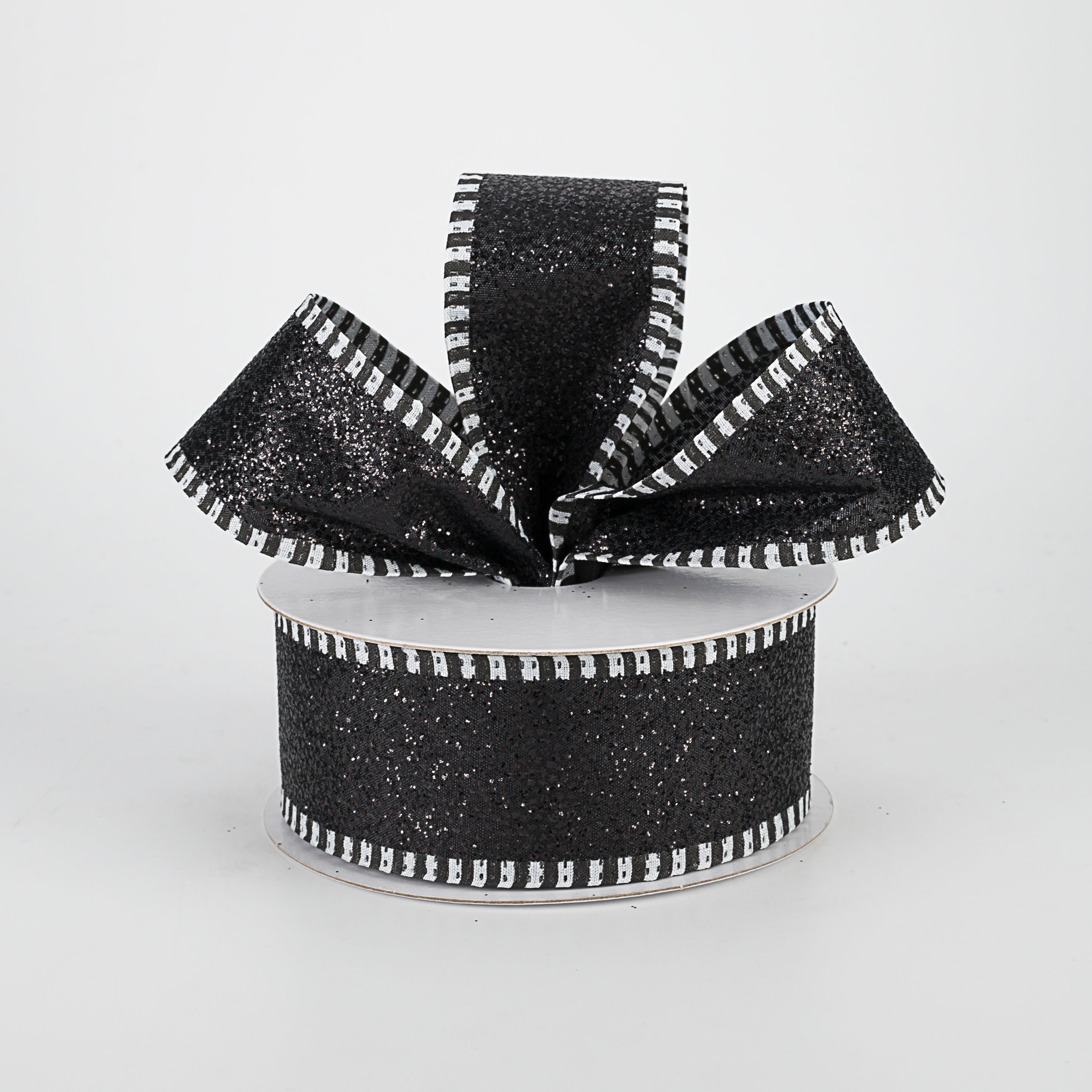 1.5 Inch Black & White Striped Edge Glitter Ribbon - 10 Yards Roll for Gift Wrapping, Crafts, and DIY Decorations