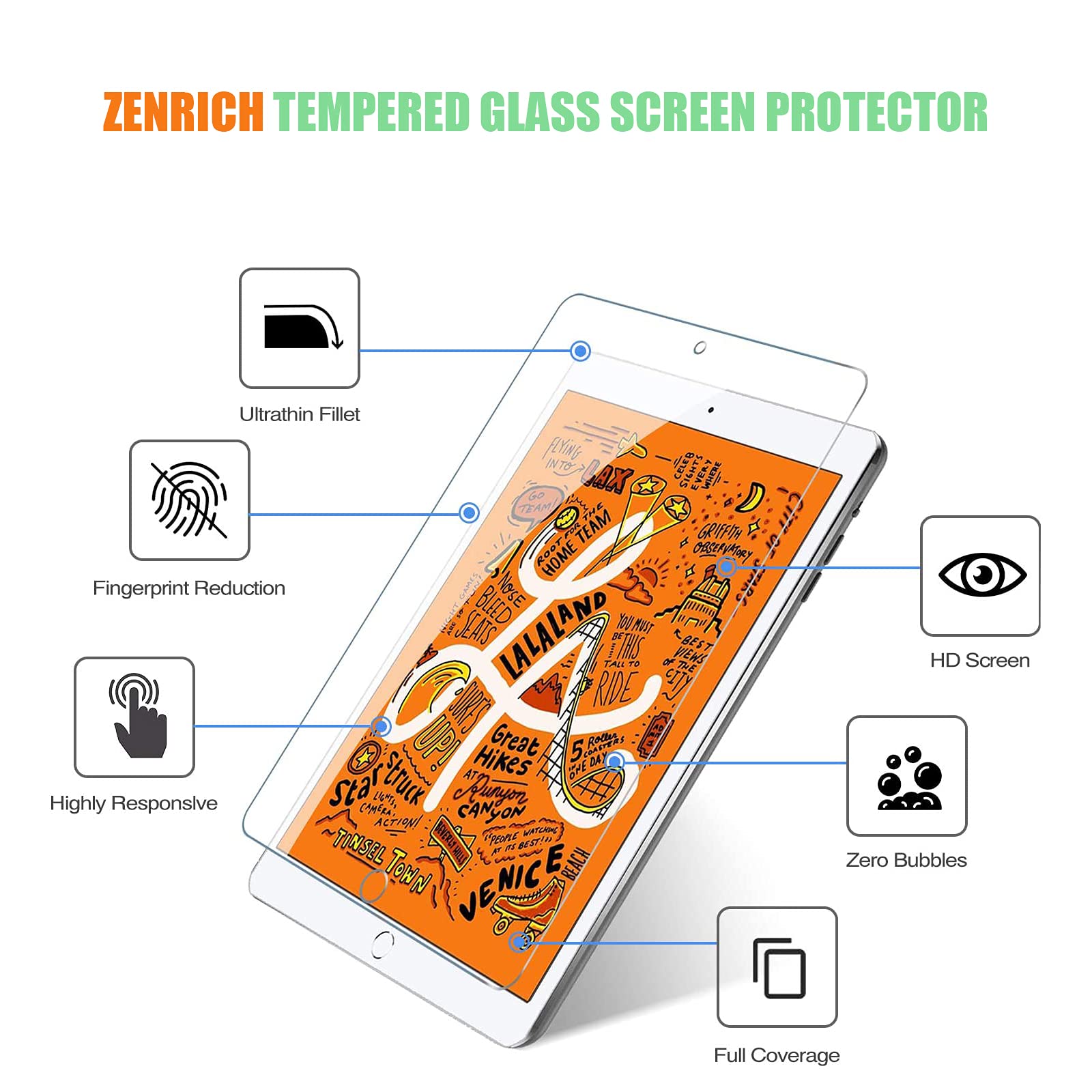 ZenRich [2-Pack] iPad Mini 5 & Mini 4 Tempered Glass Screen Protector - 9H Hardness, Apple Pencil Compatible, Bubble-Free, Case Friendly - Perfect for Work, School & Travel Protection