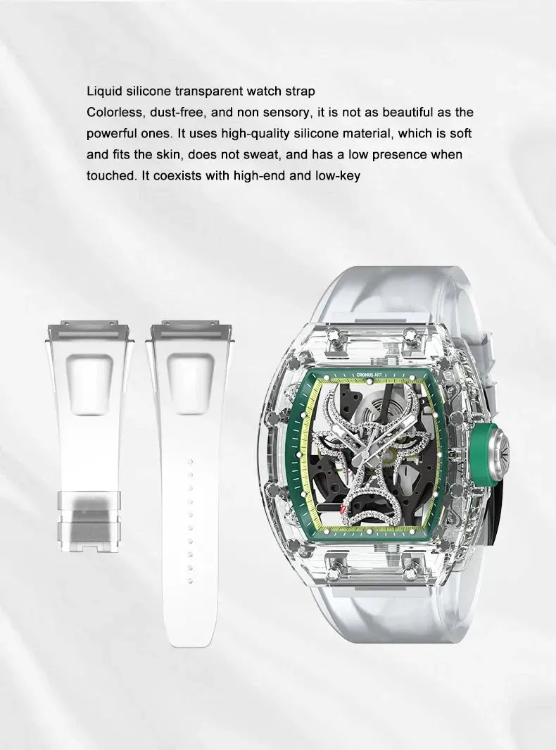 CRONUSART Men's Automatic Skeleton Watch - 50mm Tonneau Sapphire Crystal Case, Mechanical Movement, Luminous Hands, Liquid Silicone Strap, Bull Dial - Perfect for Business, Casual Wear & Gift Giving