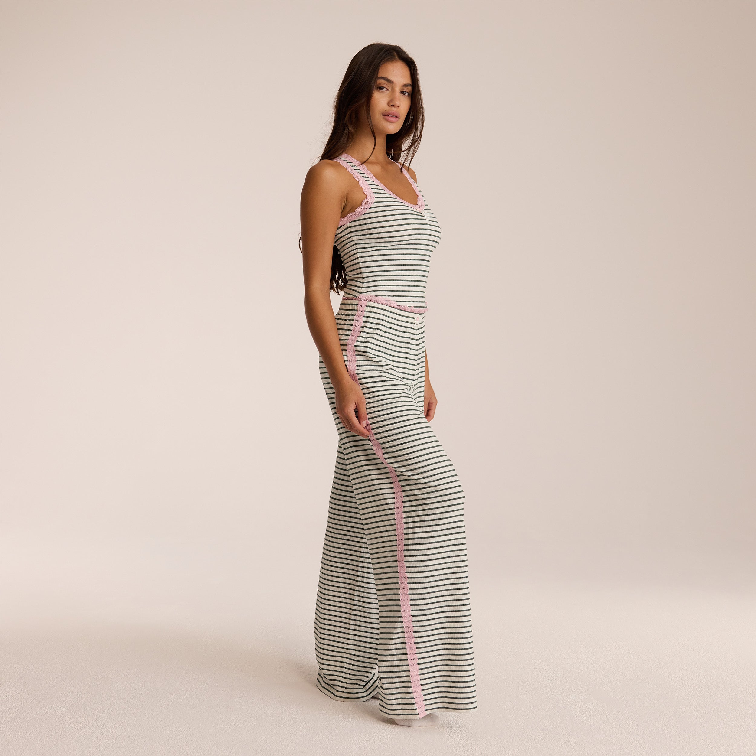 Green Stripe Lace Pajama Bottoms for Women - Soft & Comfortable Sleepwear for Nightwear, Lounge & Relaxation