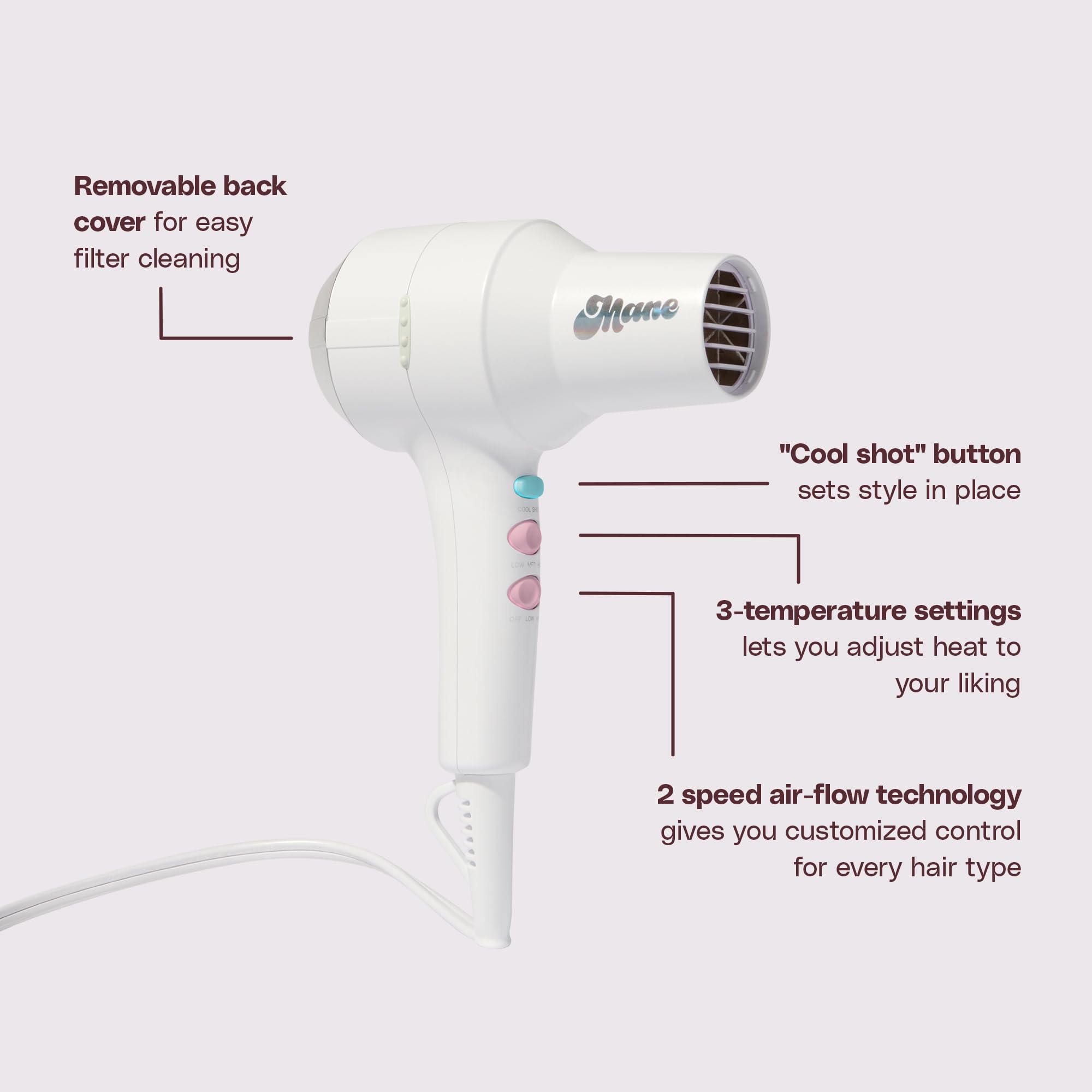 Mane Ionic Compact Hair Dryer with Diffuser, Wide Tooth Comb & Nozzle - Ionic Technology for Frizz Control & Fast Drying - Perfect for Home, Salon & Travel Use