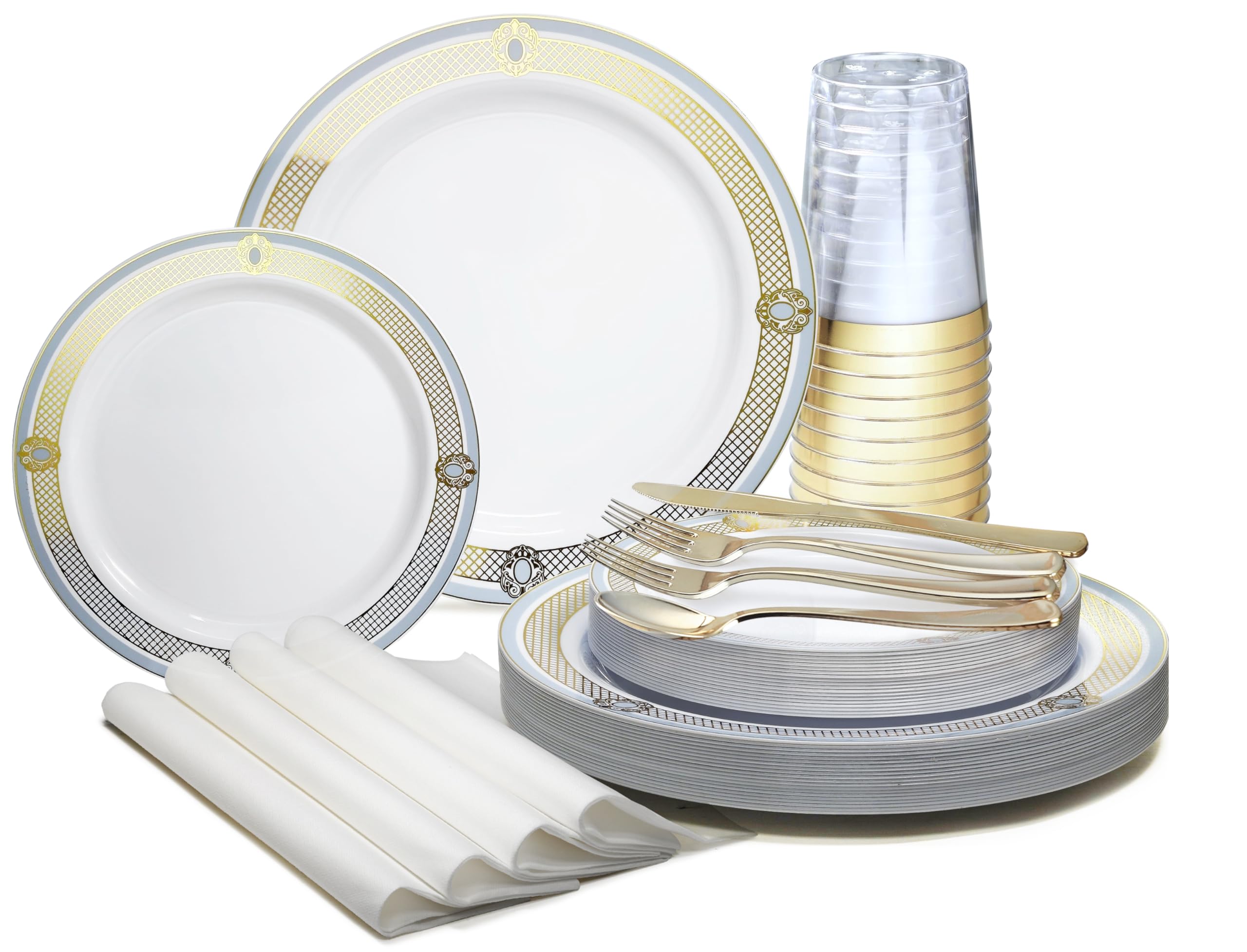 960-Piece Wedding Party Disposable Plastic Plate Set - 120 x 10.25'' Dinner Plates + 120 x 7.5'' Dessert Plates + Silverware + Cups + Napkins (Royal White/Blue & Gold) - Perfect for Weddings, Bridal Showers, Anniversaries & Formal Events