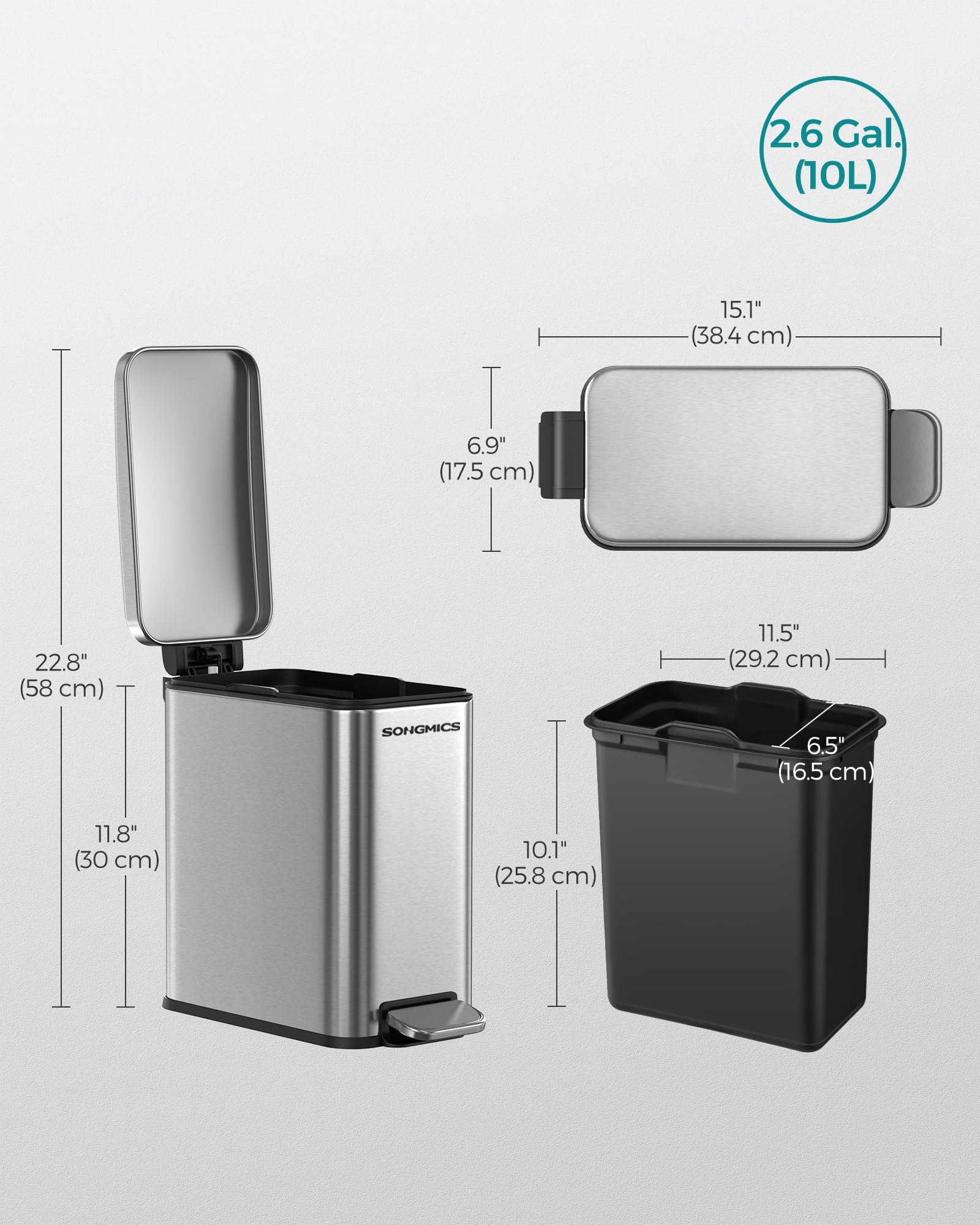 SONGMICS 2.6 Gallon Stainless Steel Bathroom Trash Can with Lid - Slim Small Space Garbage Bin, Soft Close Design, Silver ULTB561E10 - Perfect for Bathrooms, Kitchens, Offices & Tight Spaces
